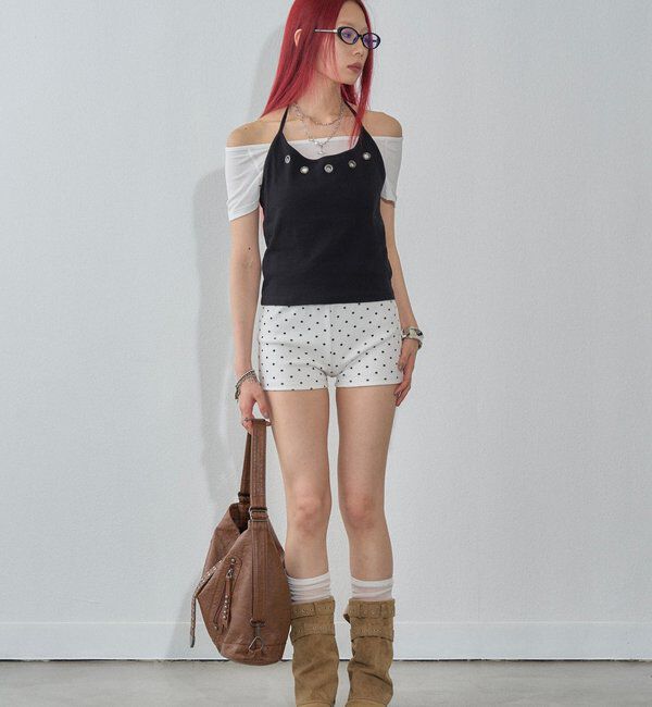  「【WEB限定】ハトメホルターレイヤード半袖トップス（ドット/無地）」|Tシャツ・カットソー|