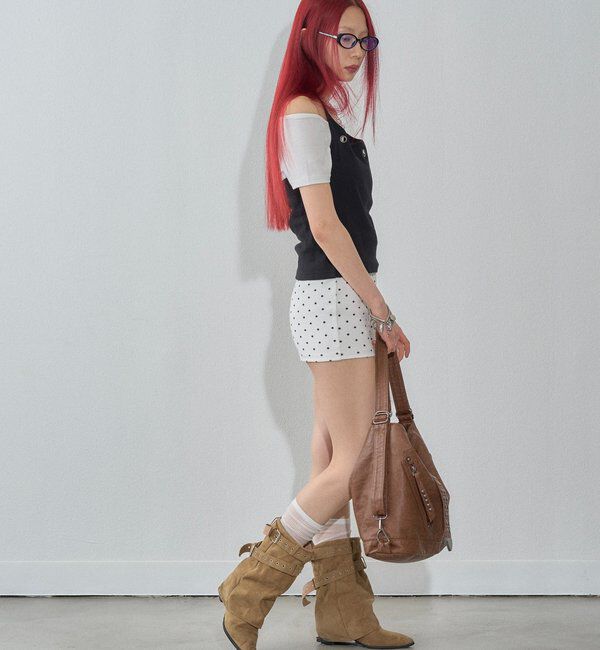  「【WEB限定】ハトメホルターレイヤード半袖トップス（ドット/無地）」|Tシャツ・カットソー|