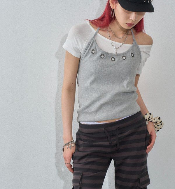  「【WEB限定】ハトメホルターレイヤード半袖トップス（ドット/無地）」|Tシャツ・カットソー|