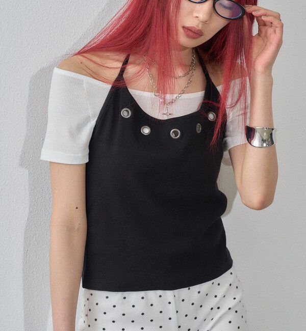 「【WEB限定】ハトメホルターレイヤード半袖トップス（ドット/無地）」|Tシャツ・カットソー|ブラック