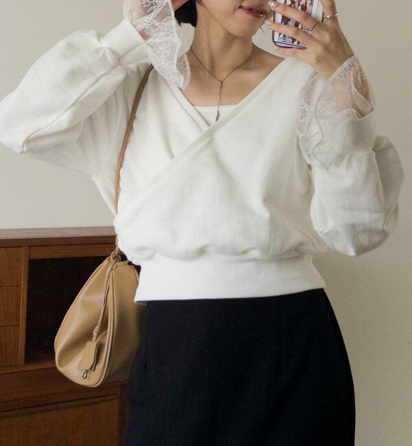  「【前後2WAY】カシュクール袖レーススウェット」|Tシャツ・カットソー|ホワイト