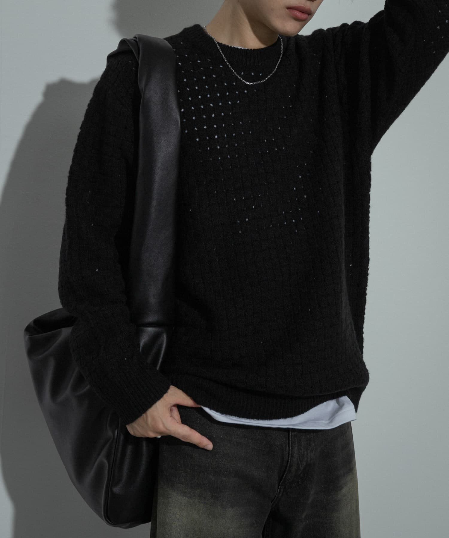 SENSE OF PLACE by URBAN RESEARCH「クロス編みシアークルーネックニット」|ニット・セーター|ブラック