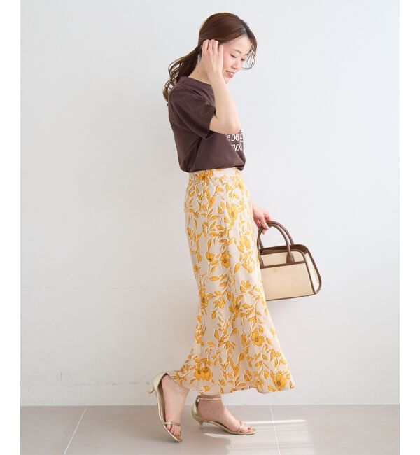  「【日本製】サテンフラワープリントフレアスカート」|フレア|