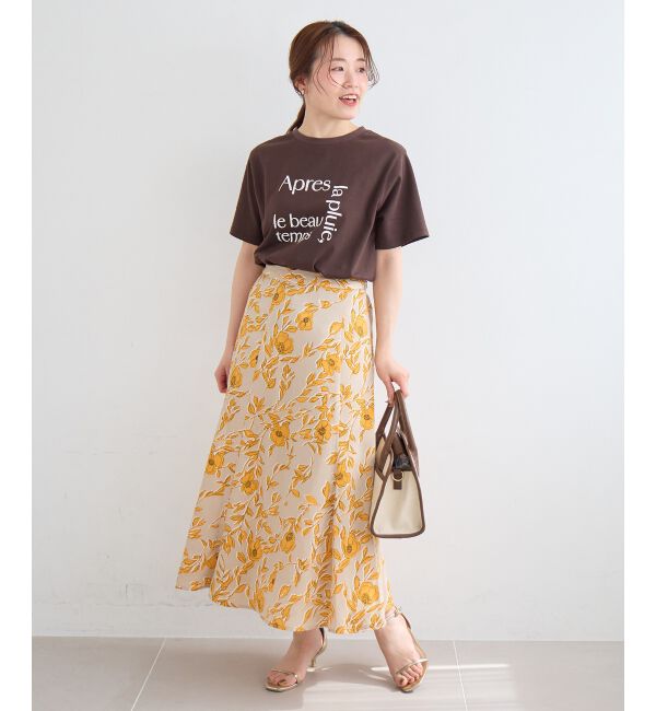  「【日本製】サテンフラワープリントフレアスカート」|フレア|