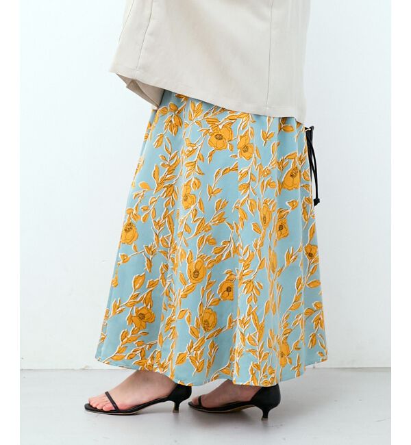  「【日本製】サテンフラワープリントフレアスカート」|フレア|