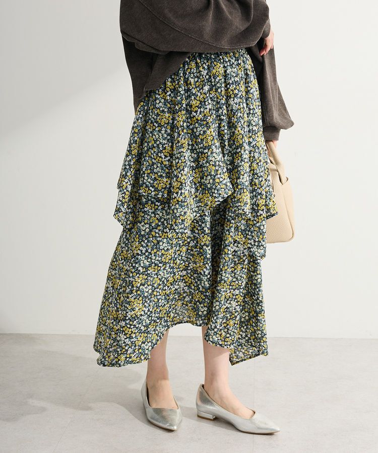 Green Parks「花柄イレヘムボリュームスカート」|フレア|Black