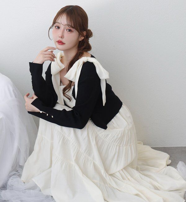  「【肩リボン取り外し可能】カーディガンセット２枚セットワンピ」|ワンピース|