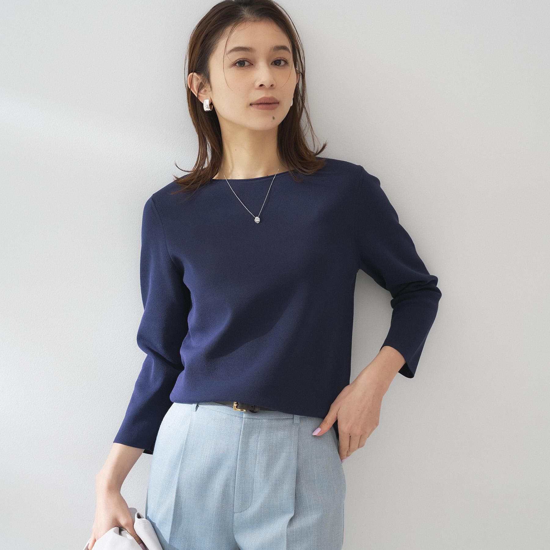 UNTITLED「【洗える/七分袖】ボートネックコットンプルオーバー」|ニット・セーター|ネイビー(094)