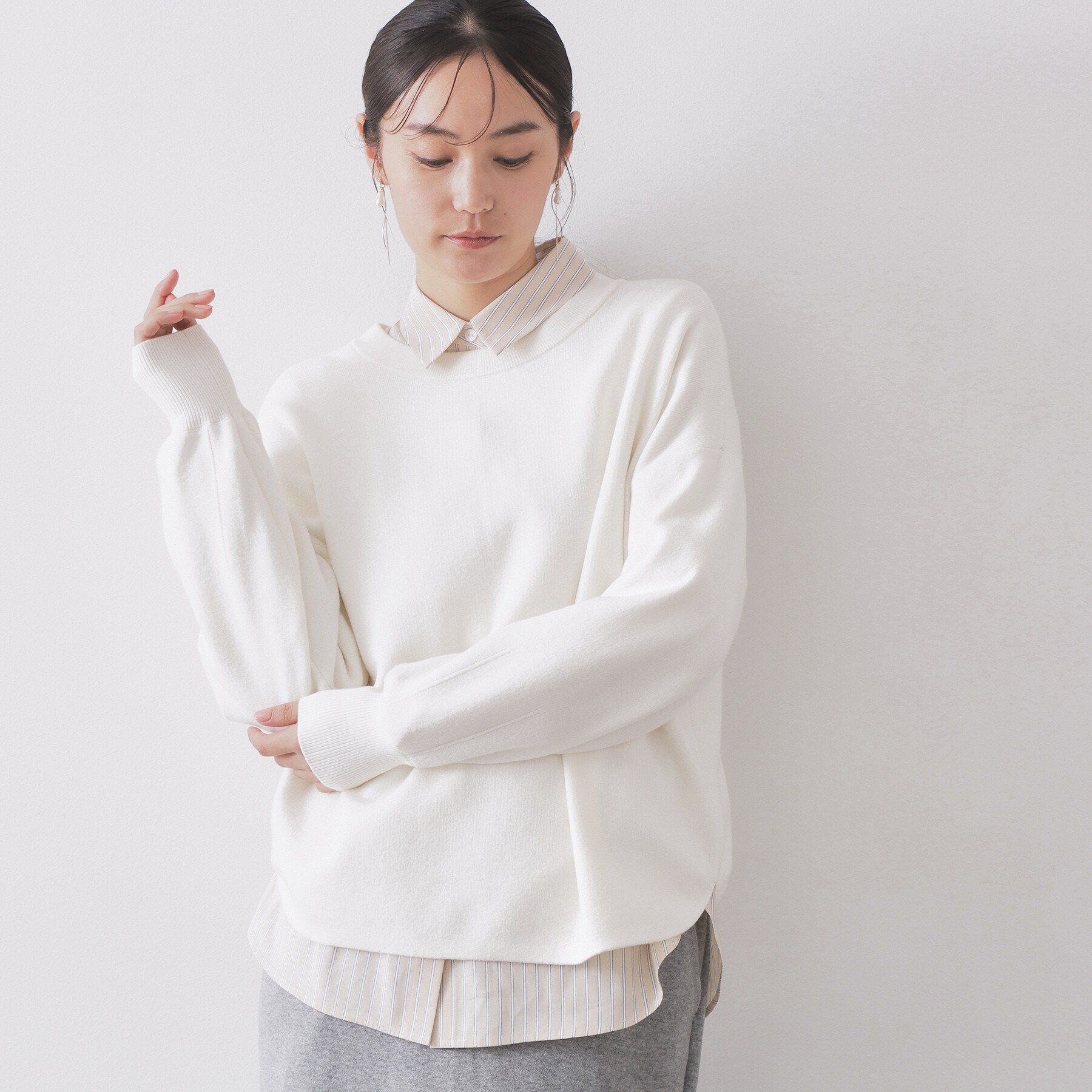 OPAQUE.CLIP「ヘンリーネックニット/前後2WAY【洗濯機OK】」|ニット・セーター|ホワイト(001)