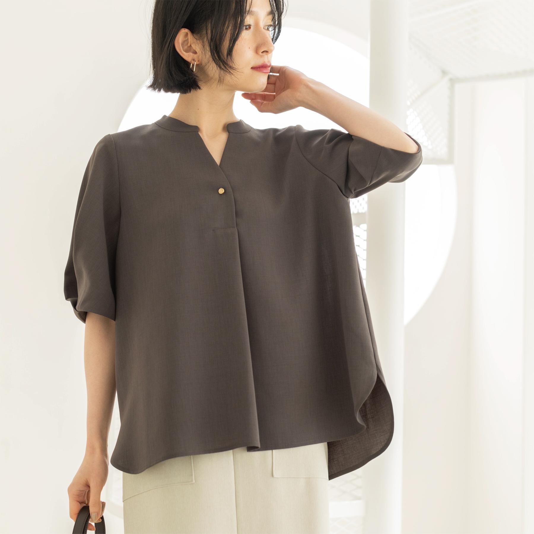 OPAQUE.CLIP「タックスリーブブラウス【洗濯機OK/防シワ加工/ストレッチ】《SS～LL/6col/セットアップ対応」|シャツ・ブラウス|チャコールグレー(0