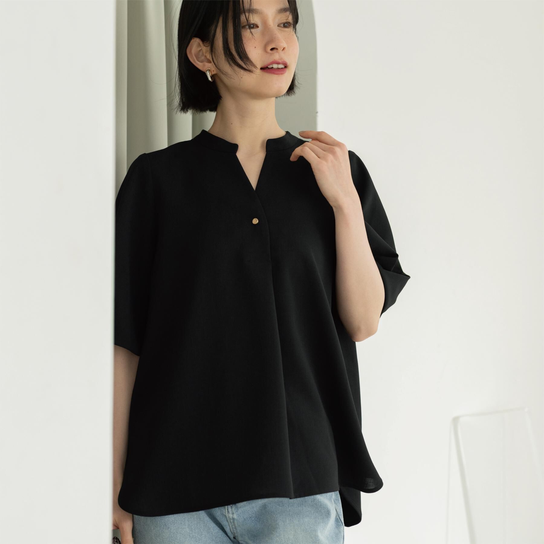 OPAQUE.CLIP「タックスリーブブラウス【洗濯機OK/防シワ加工/ストレッチ】《SS～LL/6col/セットアップ対応」|シャツ・ブラウス|ブラック(019)