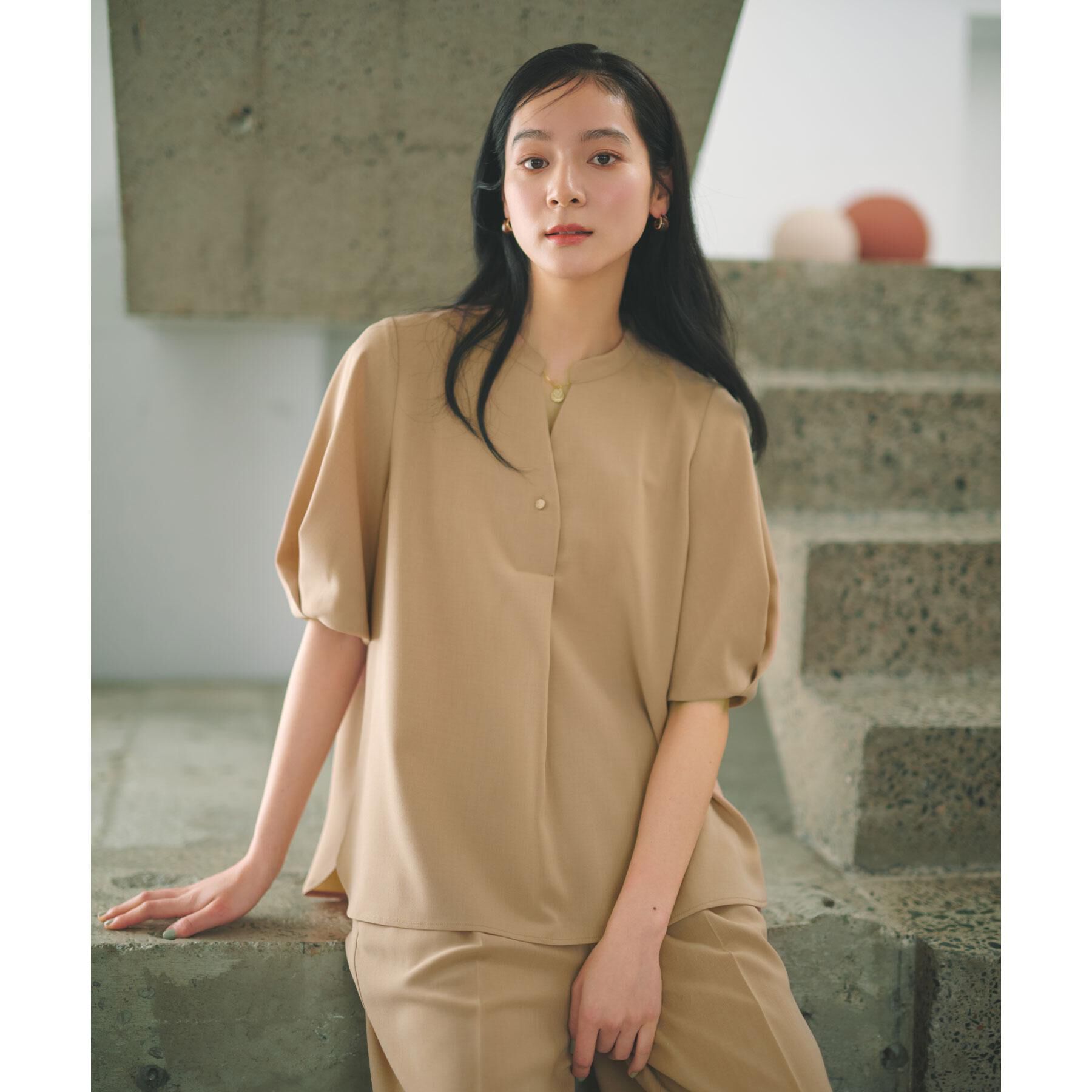 OPAQUE.CLIP「タックスリーブブラウス【洗濯機OK/防シワ加工/ストレッチ】《SS～LL/6col/セットアップ対応」|シャツ・ブラウス|キャメルブラウン(8