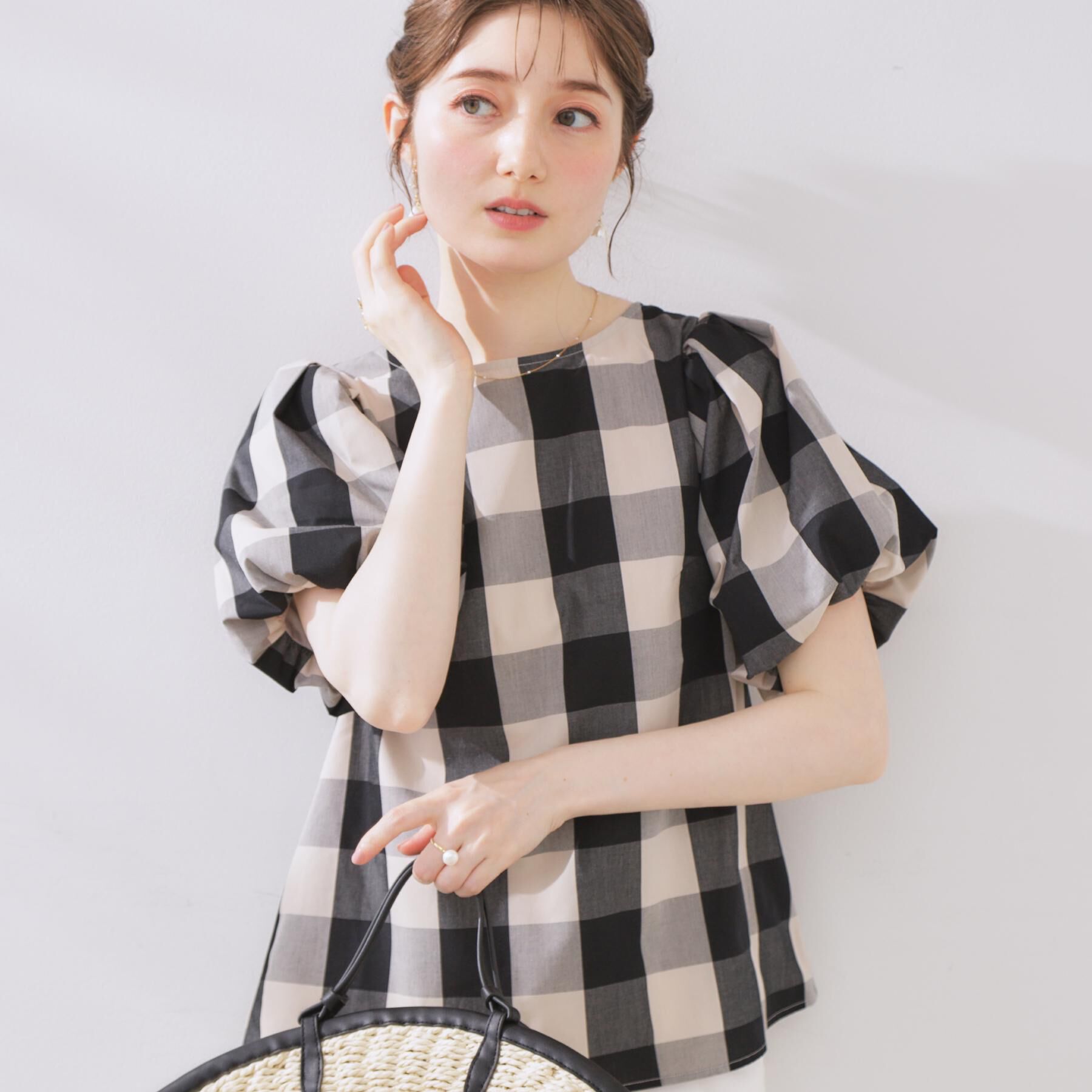 Couture broach「【マシンウォッシャブル・二の腕カバー】ブロックチェックブラウス」|シャツ・ブラウス|ブラック(219)