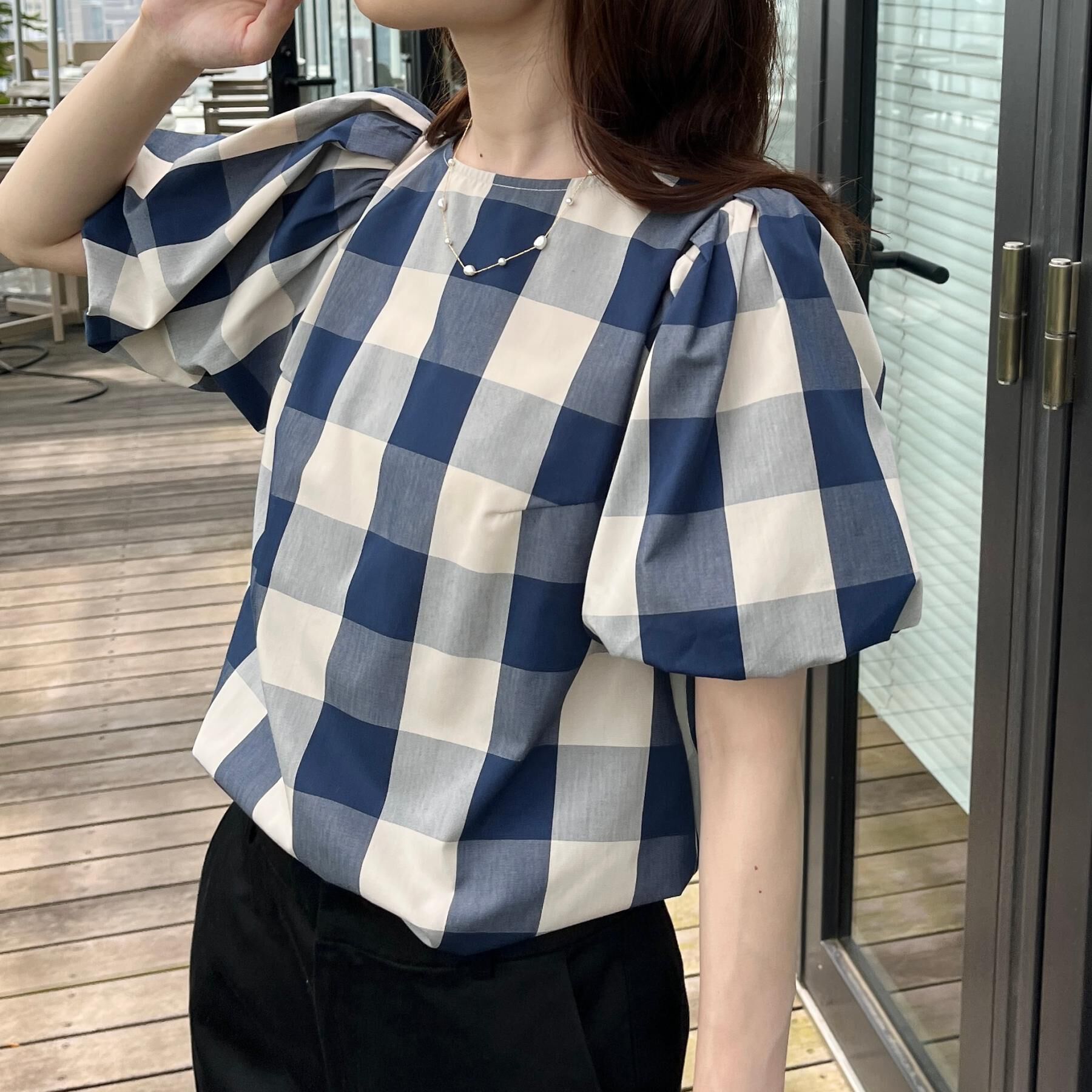 Couture broach「【マシンウォッシャブル・二の腕カバー】ブロックチェックブラウス」|シャツ・ブラウス|