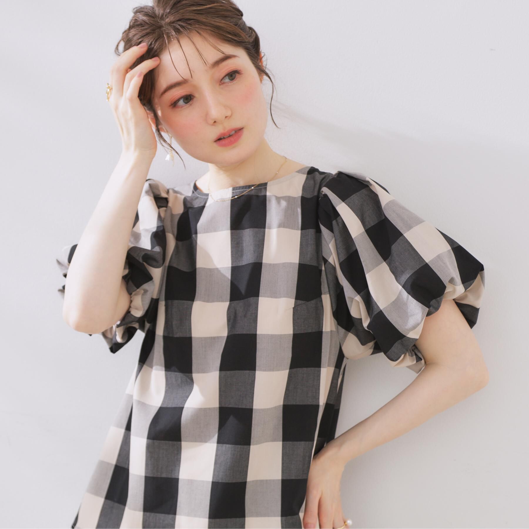 Couture broach「【マシンウォッシャブル・二の腕カバー】ブロックチェックブラウス」|シャツ・ブラウス|