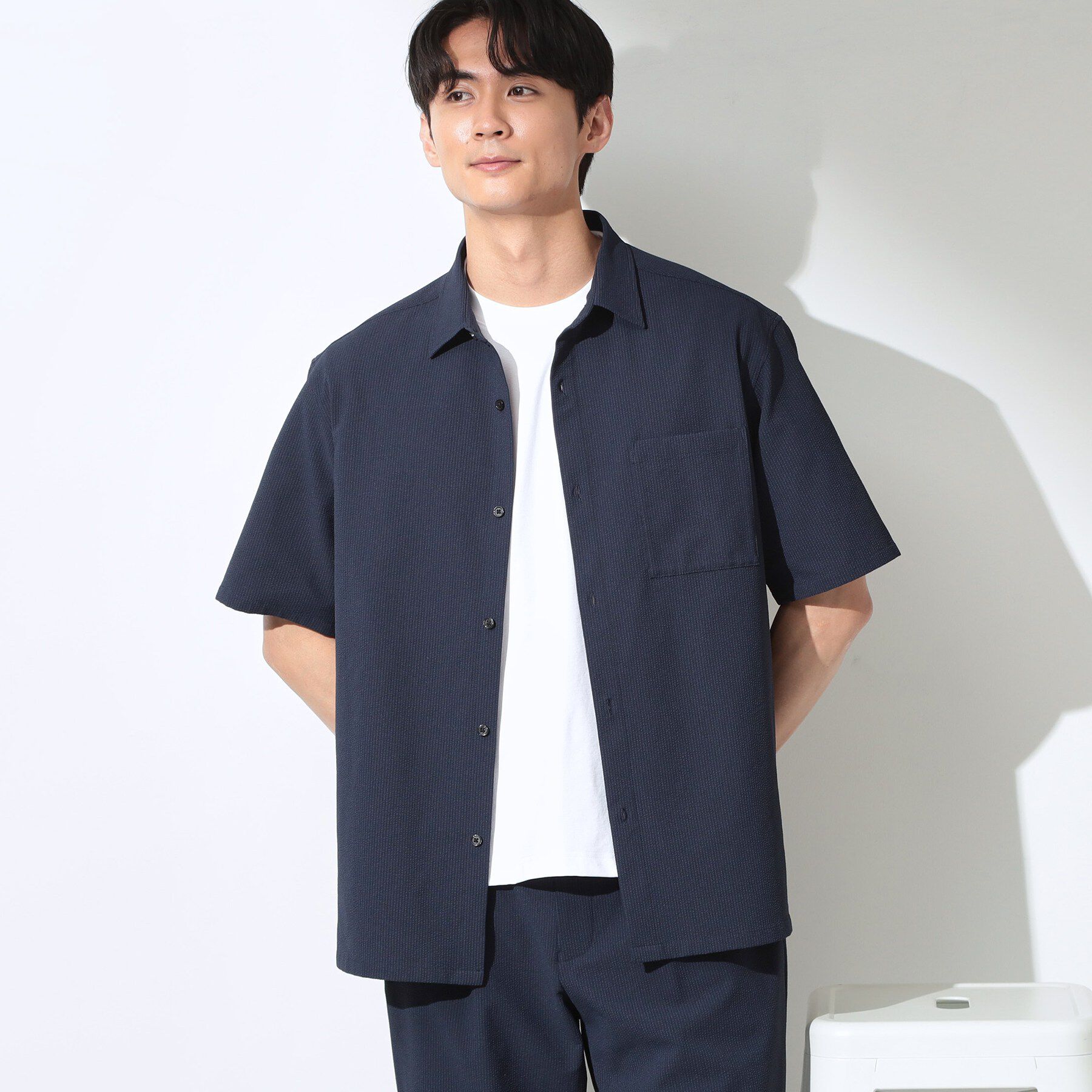 THE SHOP TK「マイクロ シアサッカー 半袖シャツ 洗濯機OK／セットアップ可」|シャツ・ブラウス|ネイビー(094)