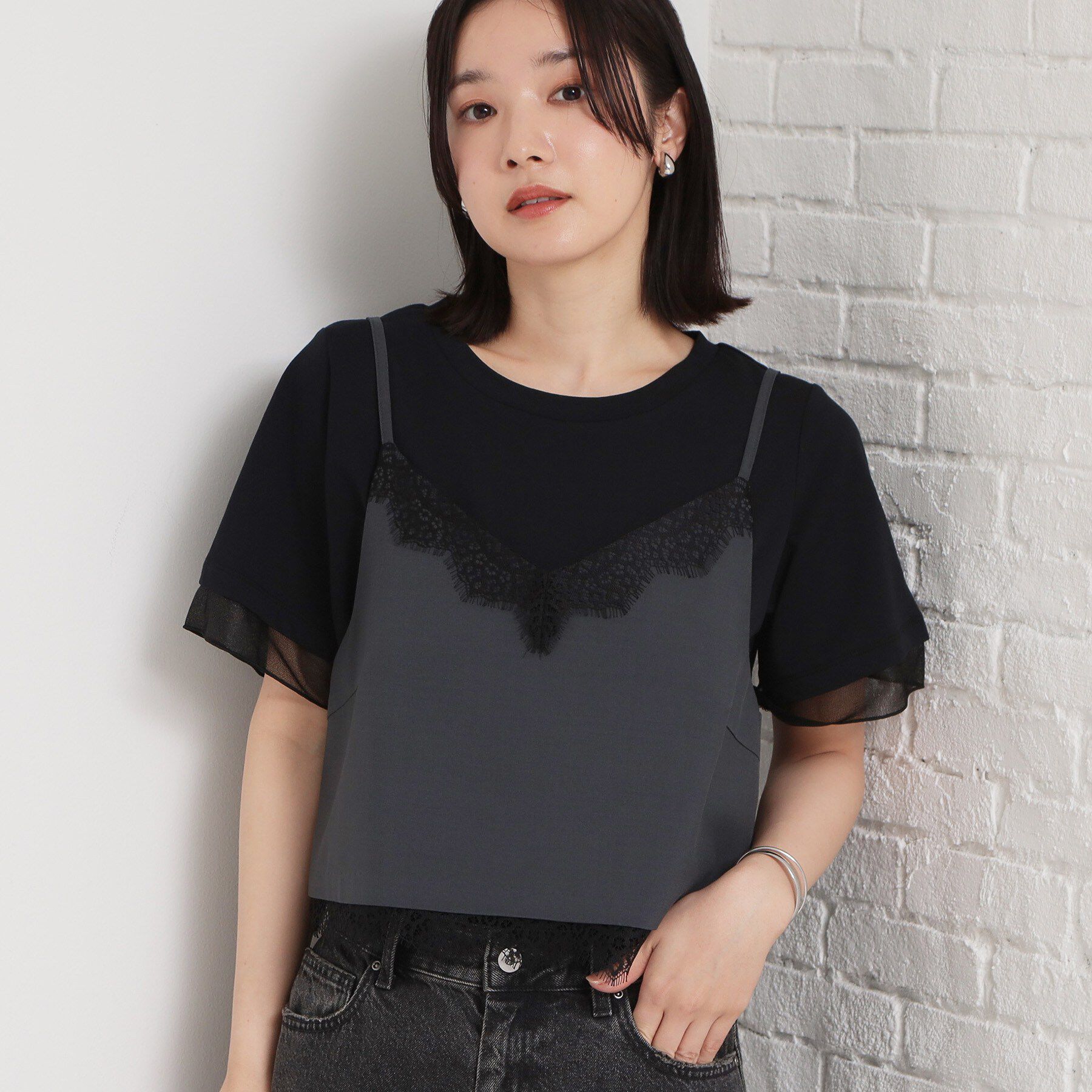 THE SHOP TK「麻調レース切り替えキャミ」|キャミソール|チャコールグレー(0