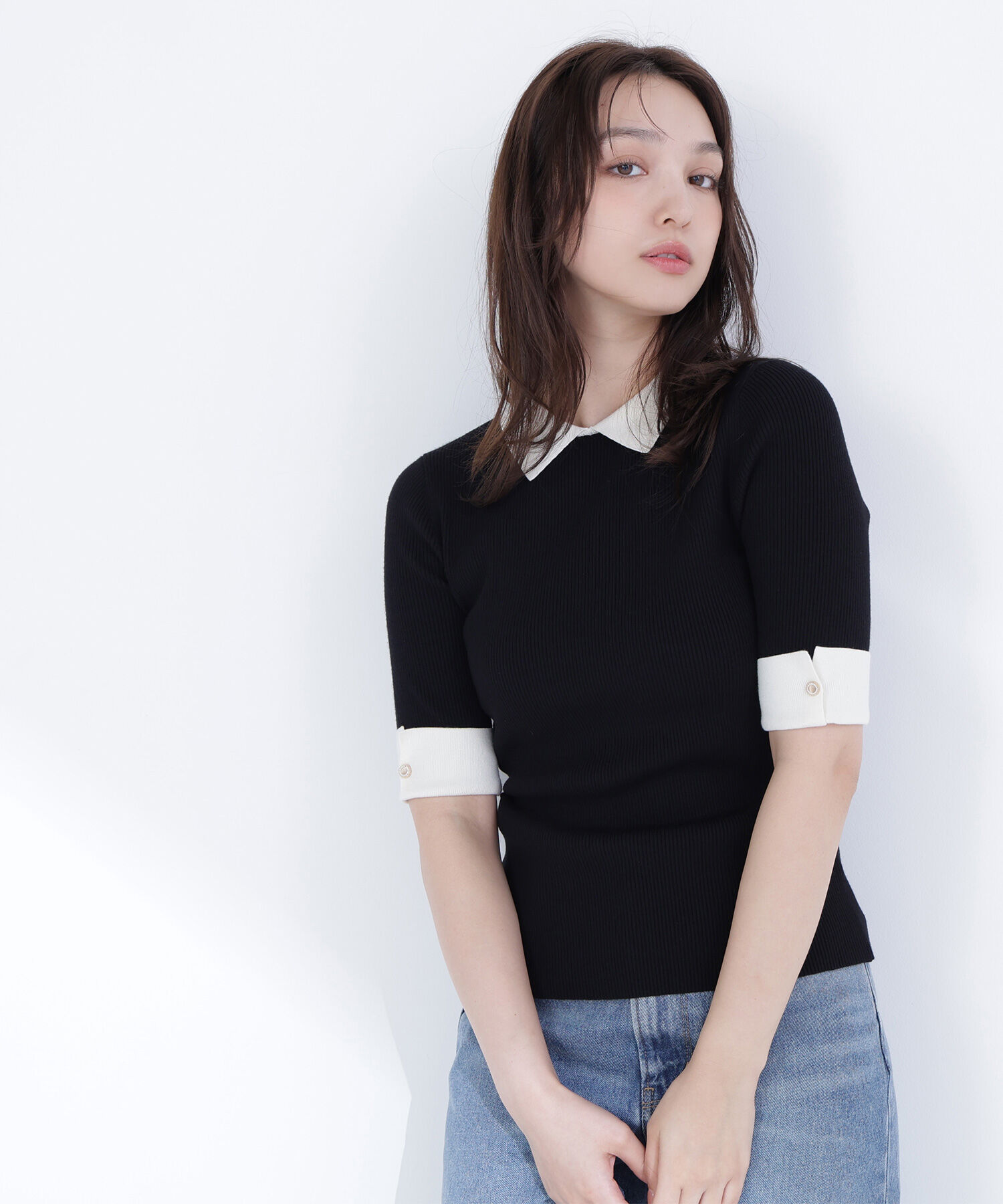  「襟付きリブベーシックニット半袖」|ニット・セーター|クロ系2