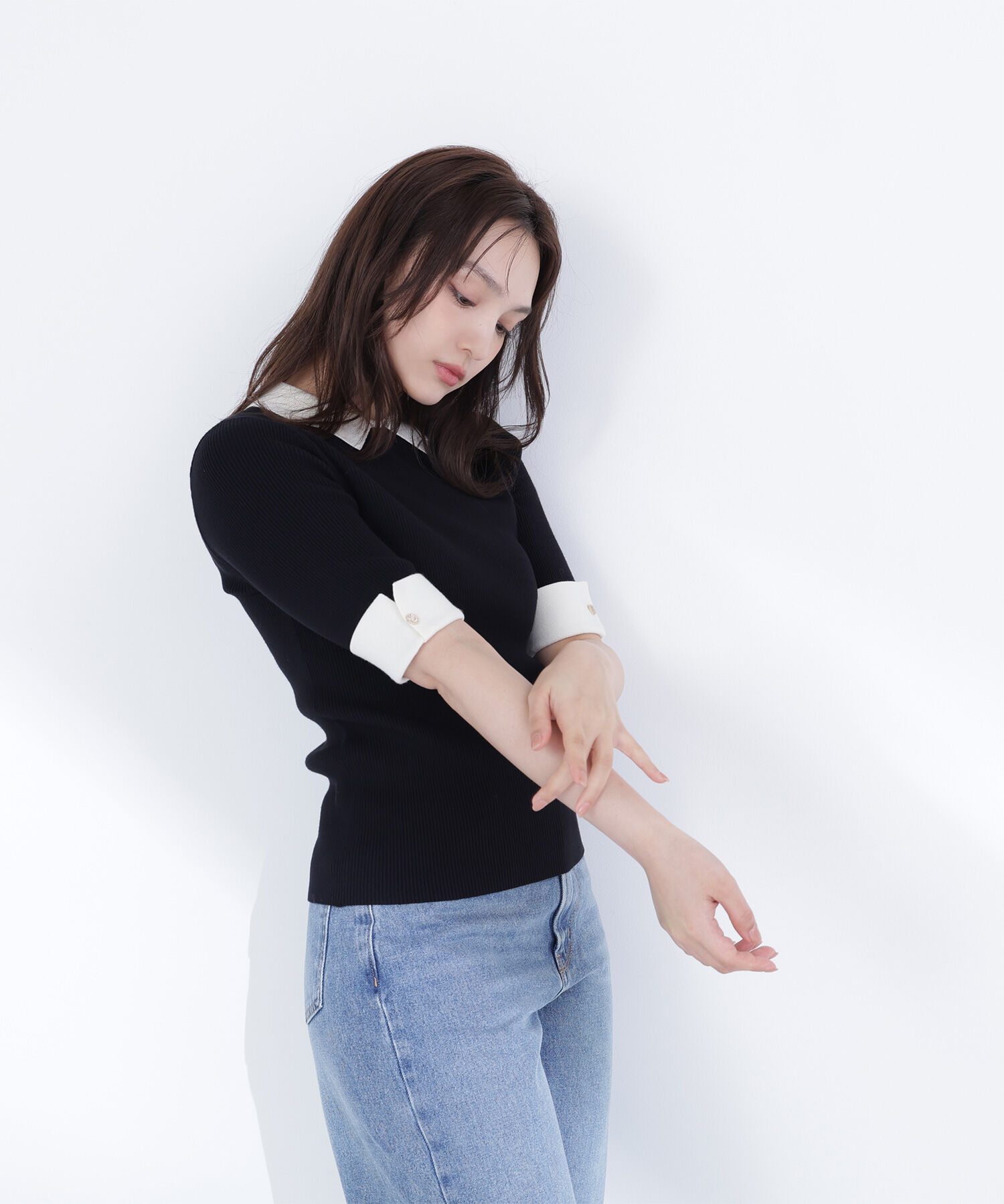  「襟付きリブベーシックニット半袖」|ニット・セーター|