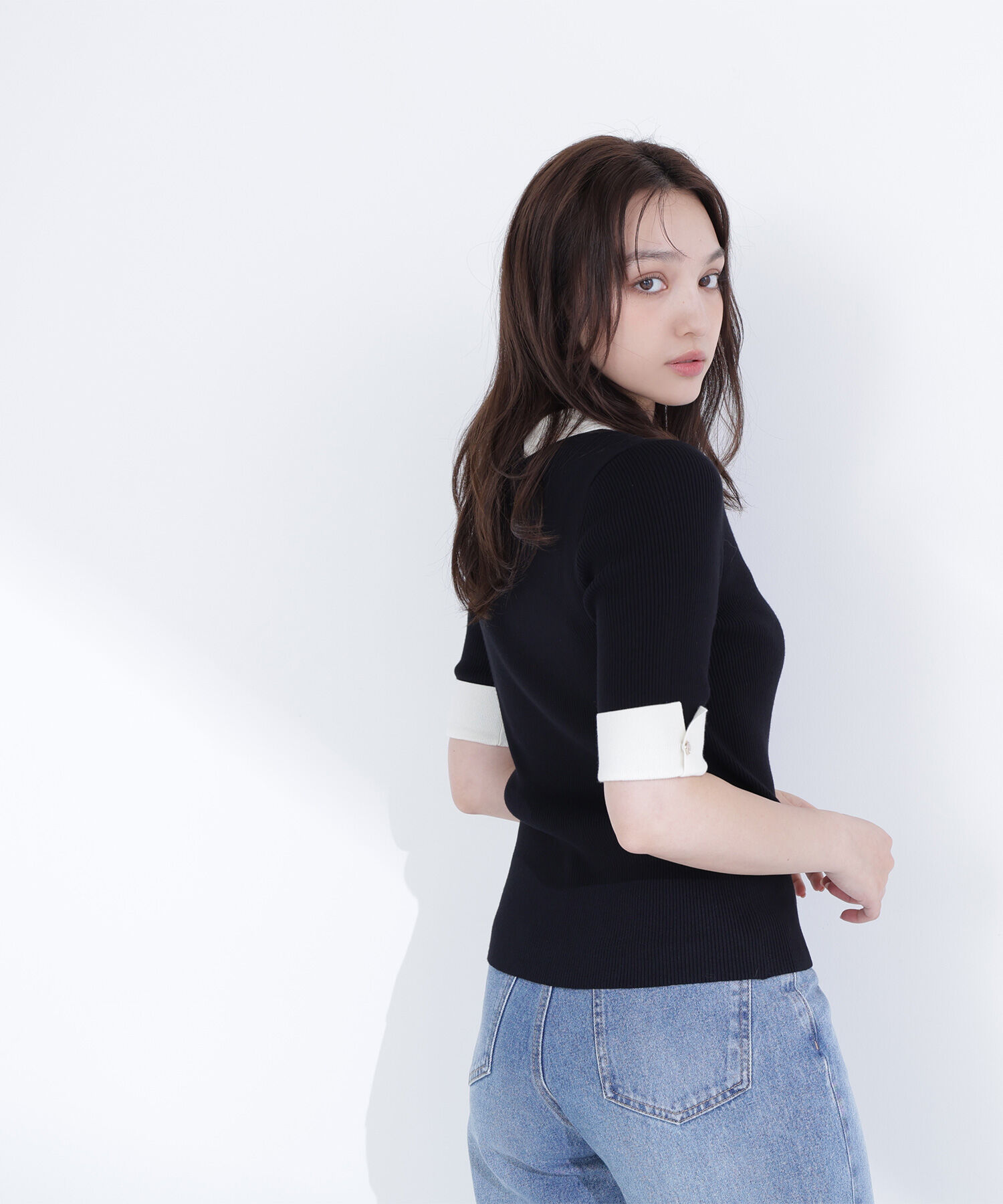  「襟付きリブベーシックニット半袖」|ニット・セーター|