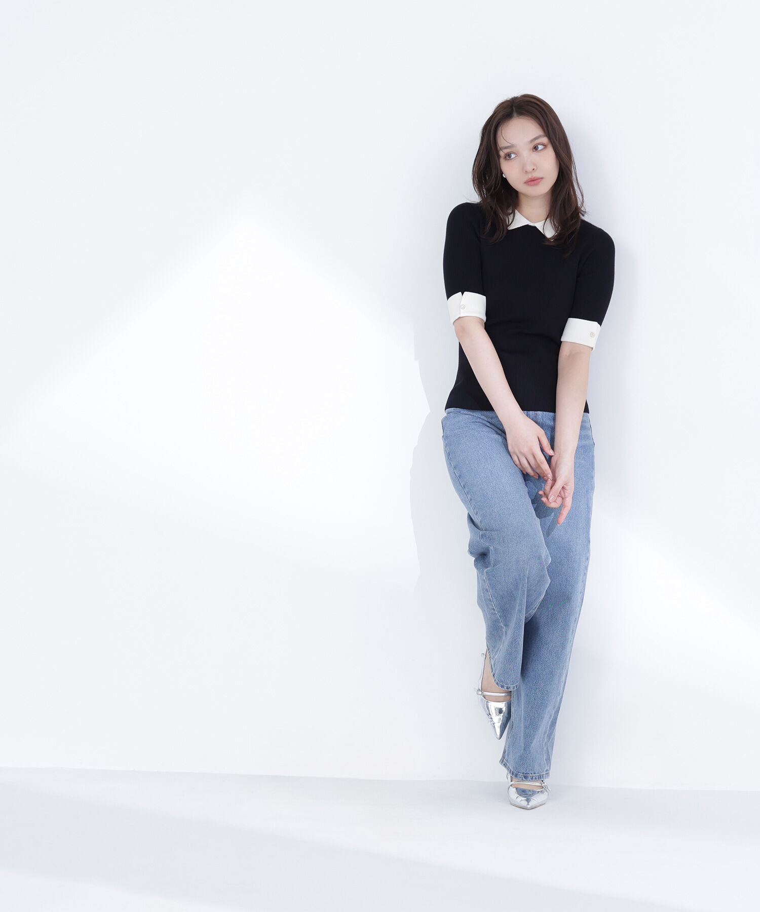  「襟付きリブベーシックニット半袖」|ニット・セーター|