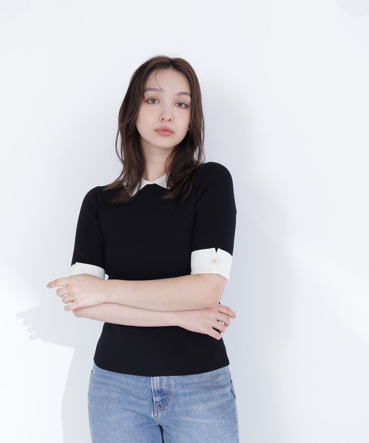  「襟付きリブベーシックニット半袖」|ニット・セーター|