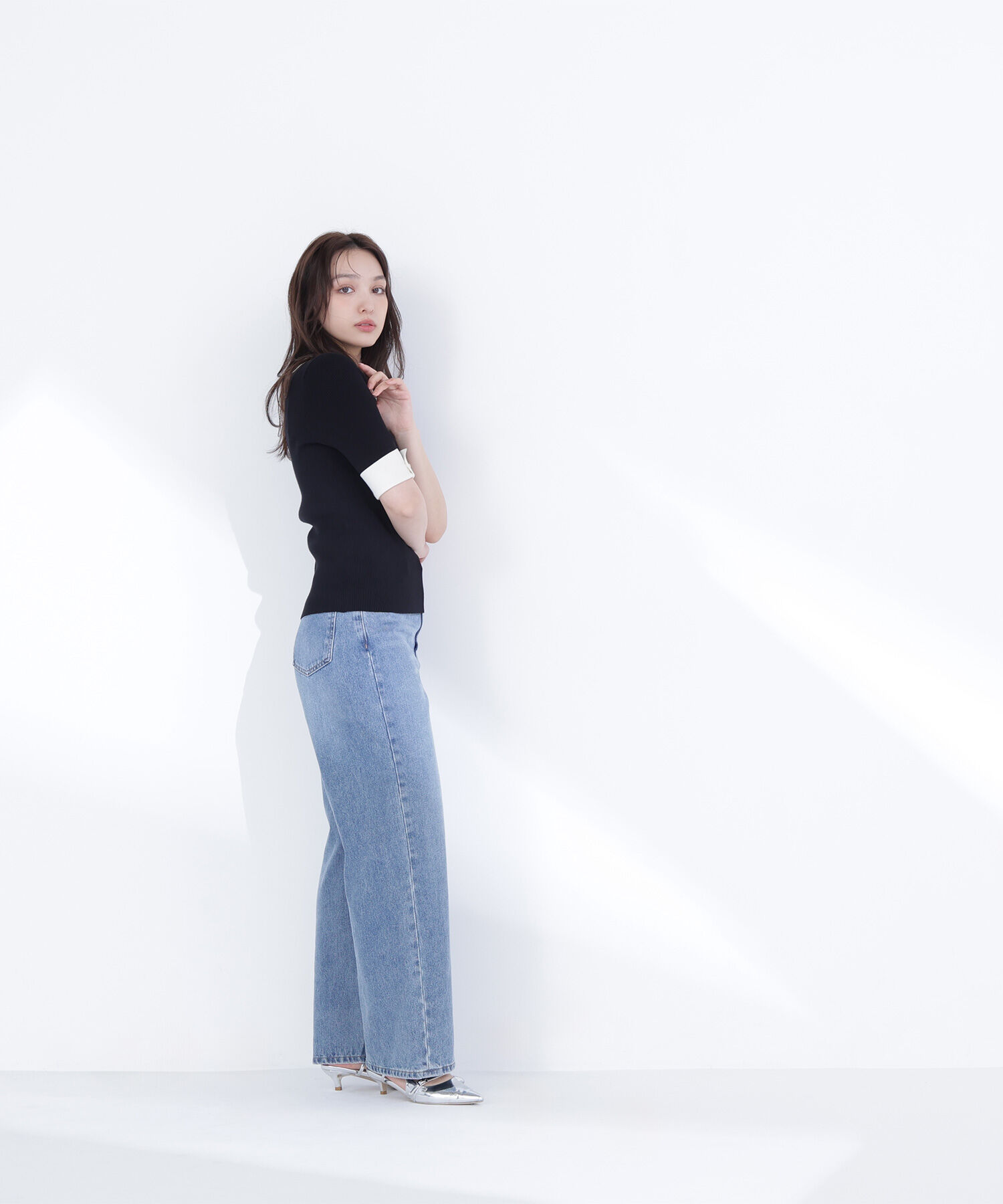  「襟付きリブベーシックニット半袖」|ニット・セーター|