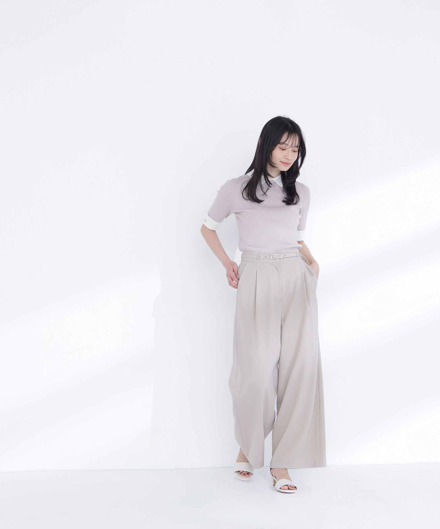  「襟付きリブベーシックニット半袖」|ニット・セーター|