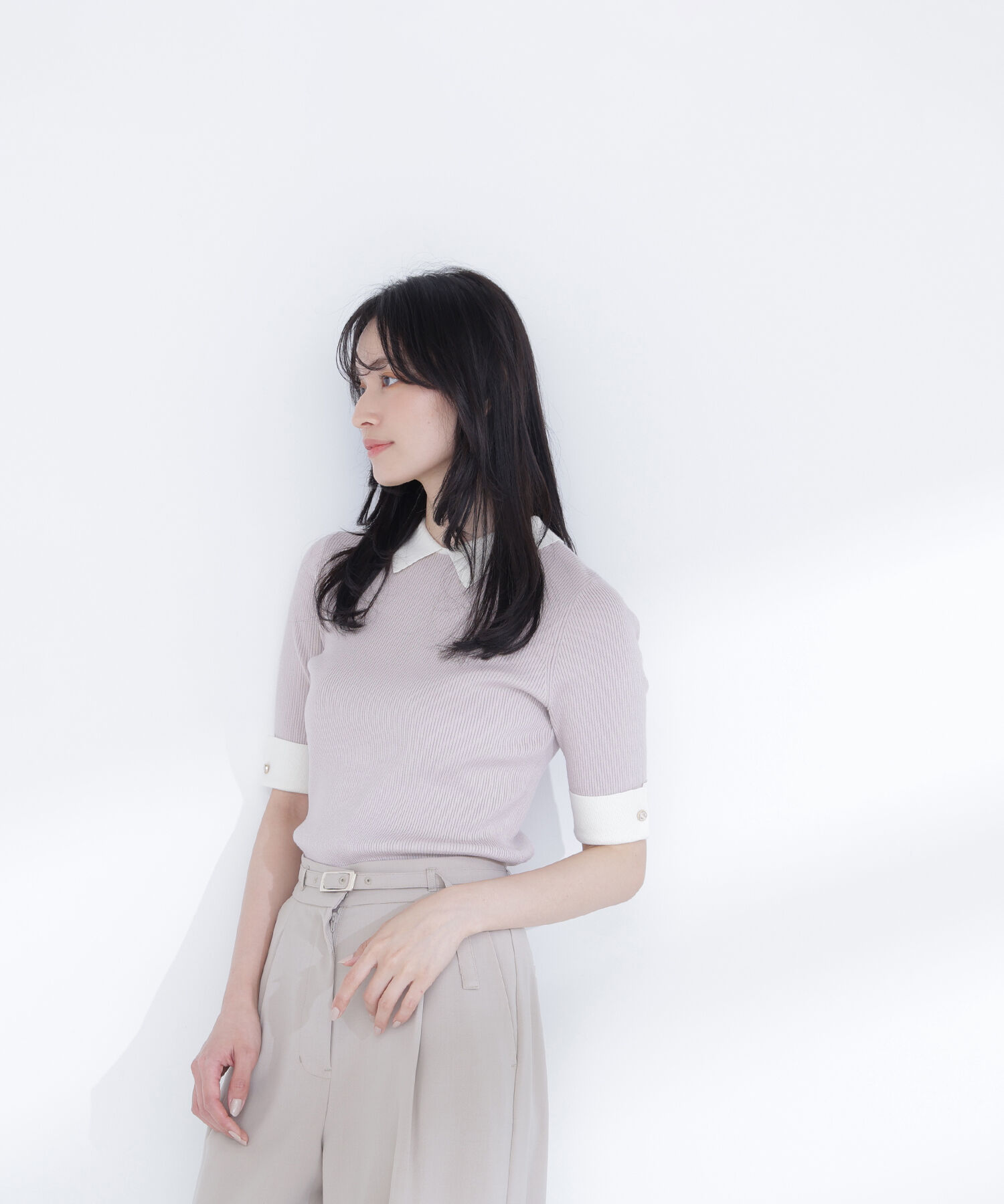  「襟付きリブベーシックニット半袖」|ニット・セーター|