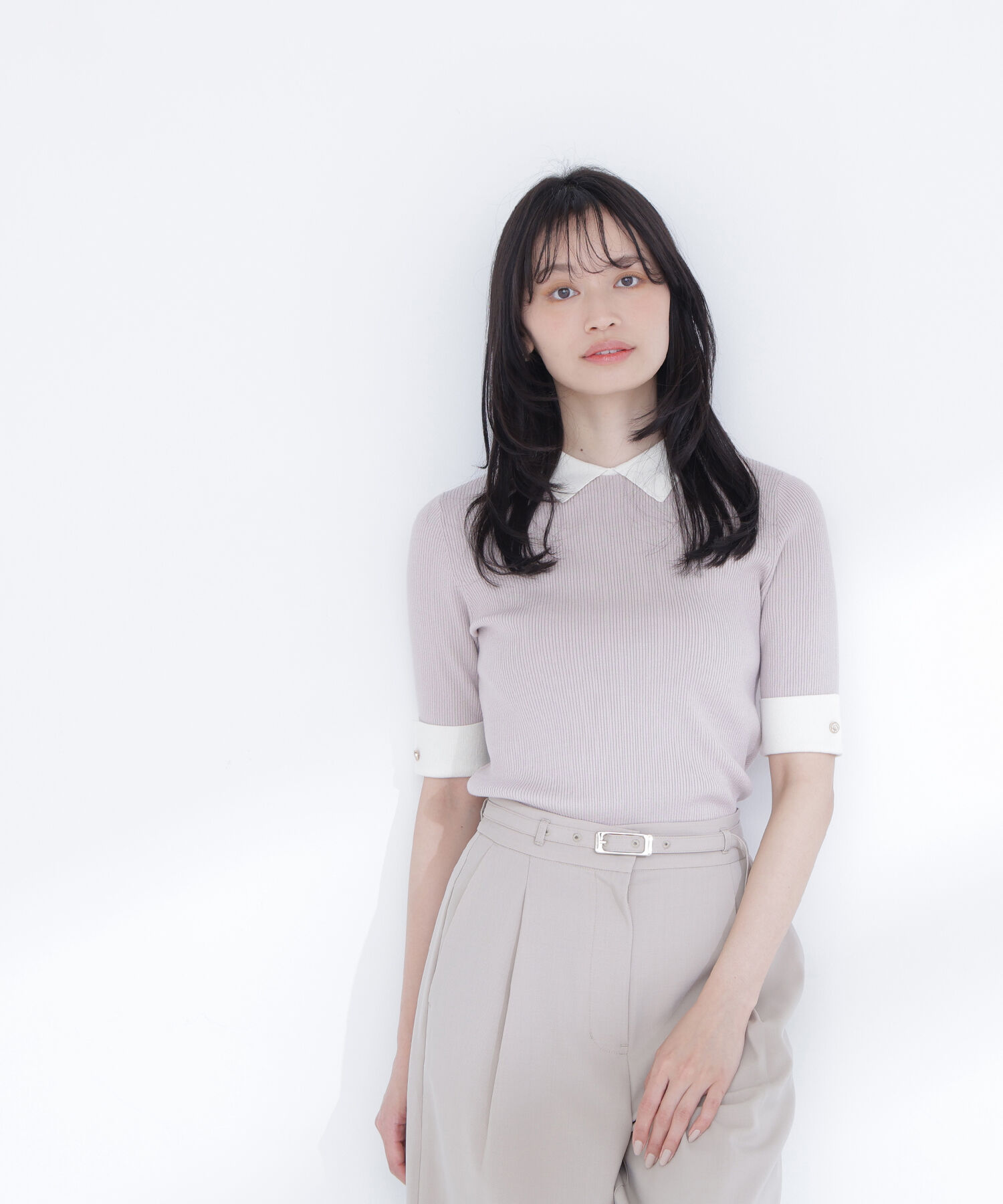  「襟付きリブベーシックニット半袖」|ニット・セーター|