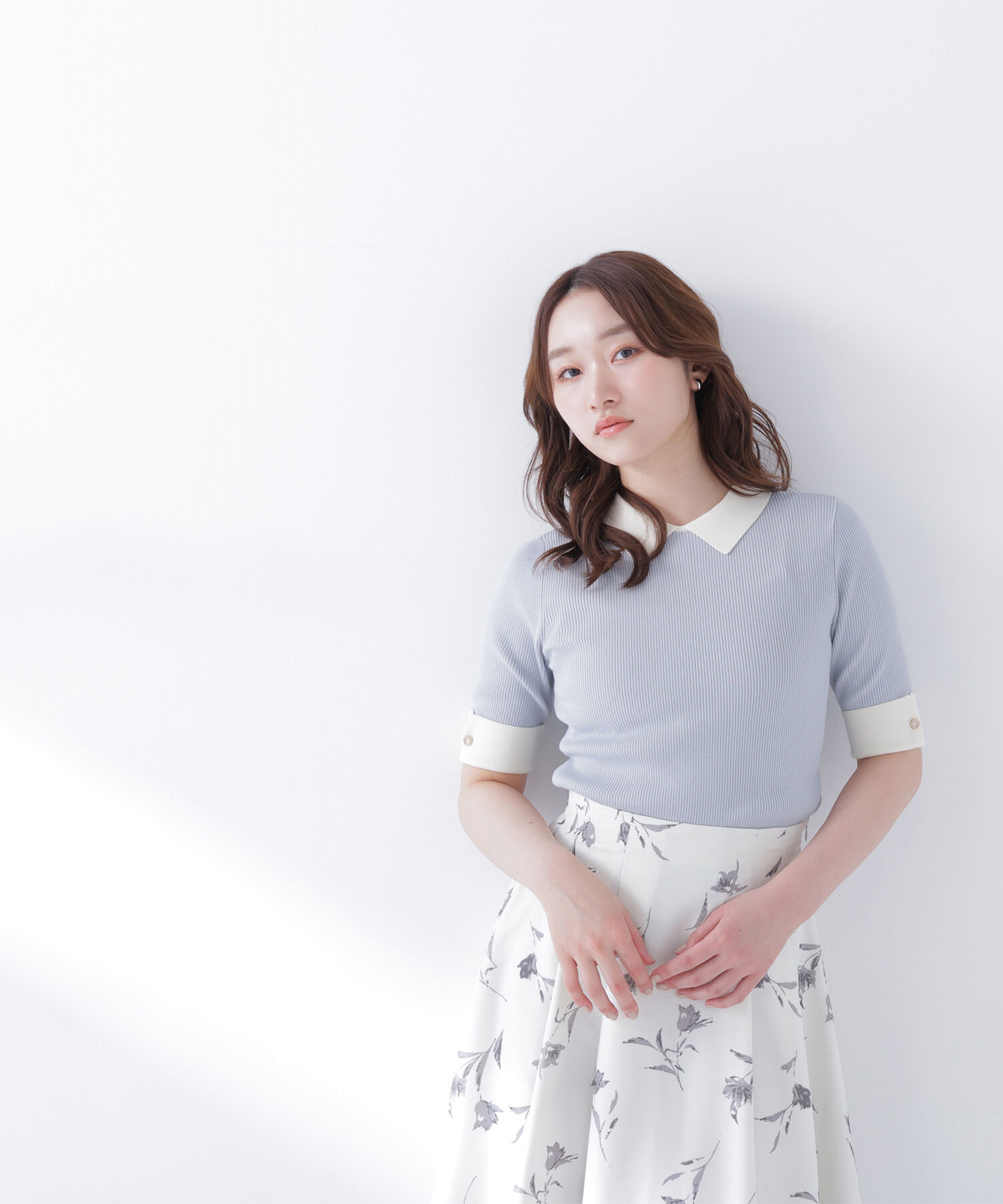  「襟付きリブベーシックニット半袖」|ニット・セーター|