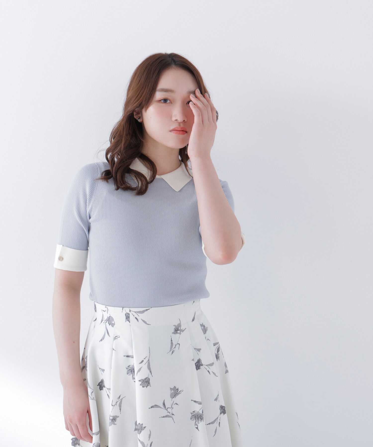  「襟付きリブベーシックニット半袖」|ニット・セーター|