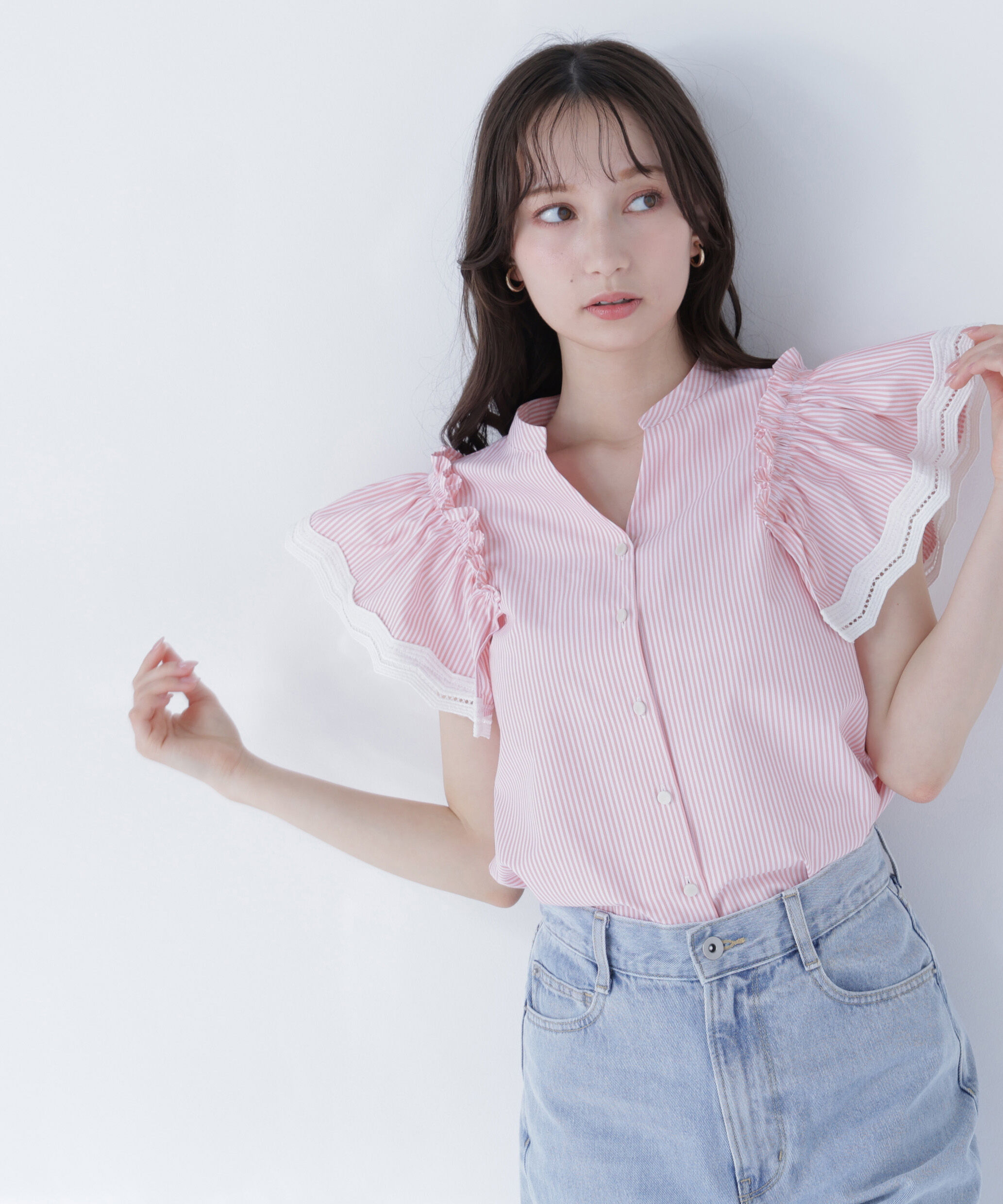  「レーストリムストライプブラウス」|シャツ・ブラウス|ピンクストラ 2