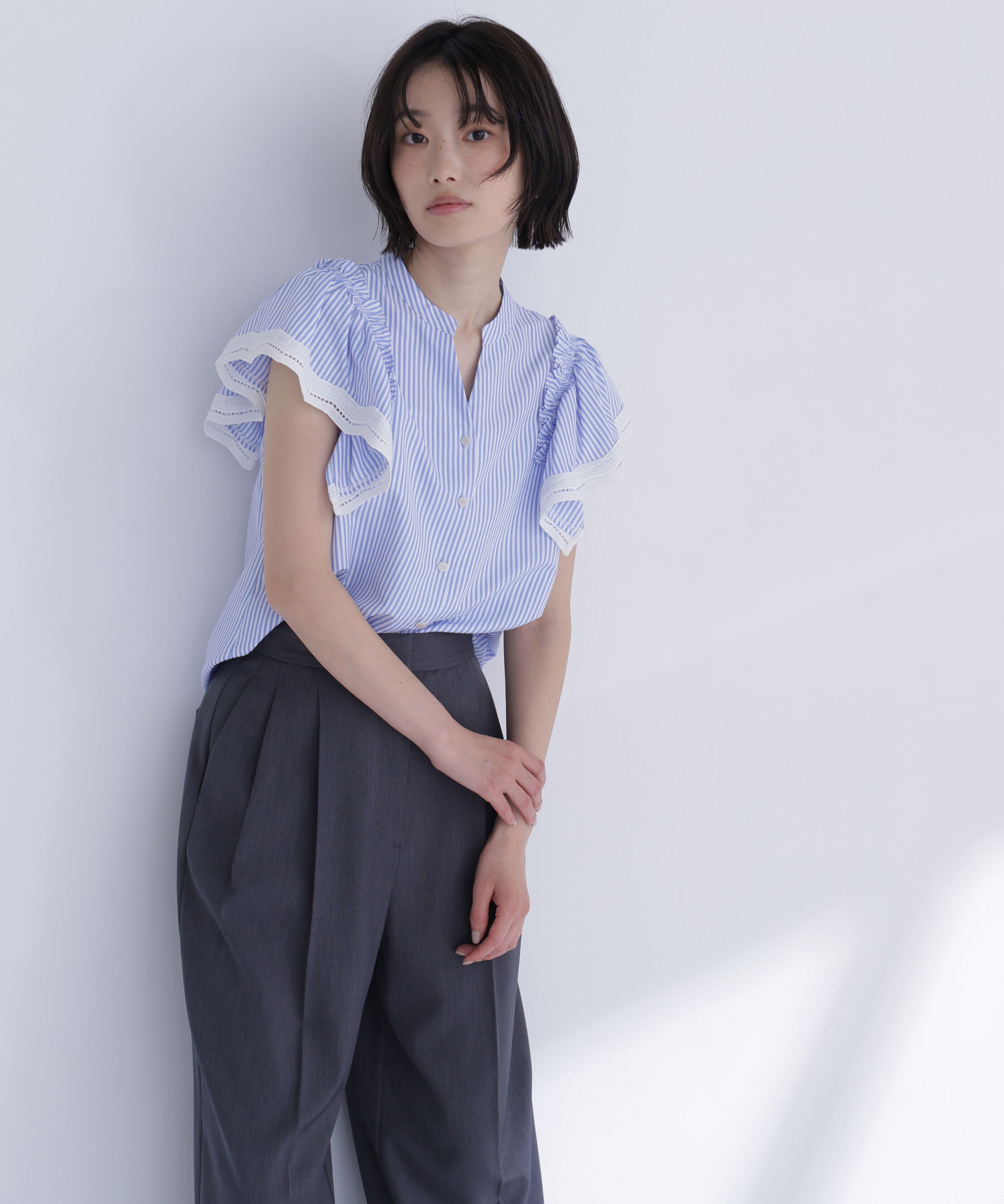  「レーストリムストライプブラウス」|シャツ・ブラウス|