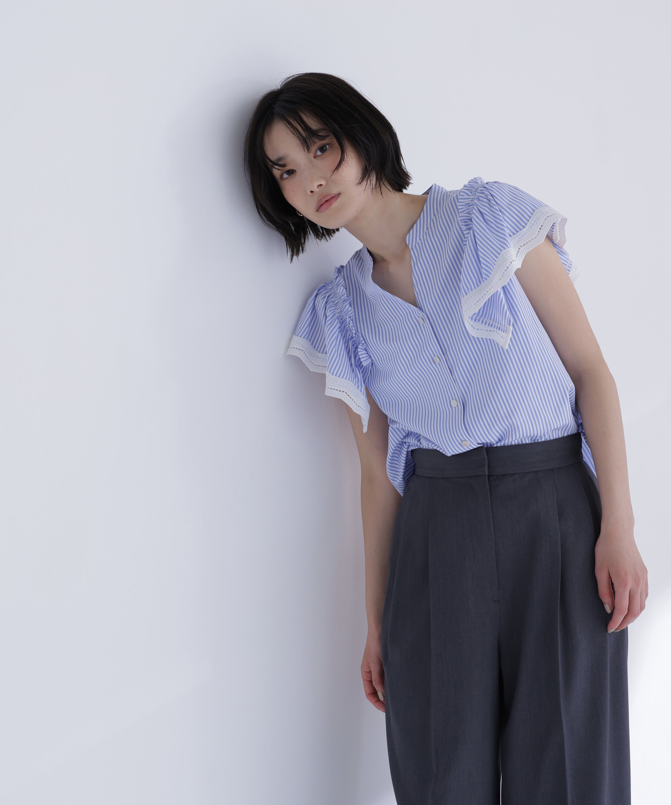  「レーストリムストライプブラウス」|シャツ・ブラウス|