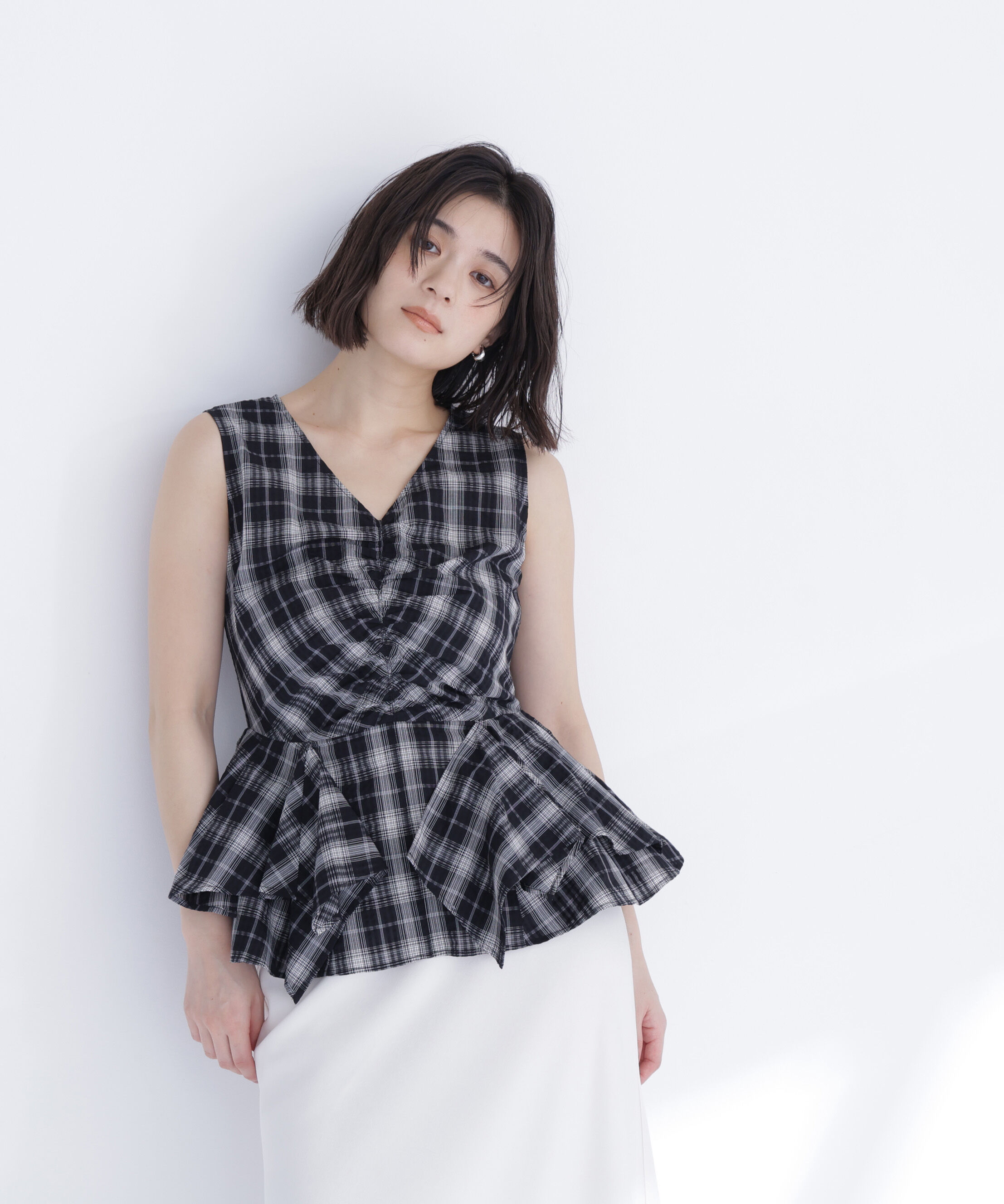  「チェックペプラムブラウス」|シャツ・ブラウス|ブラック系2