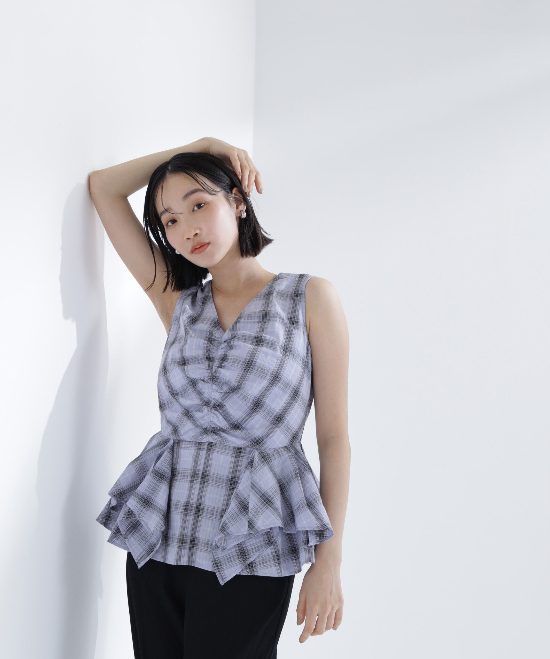  「チェックペプラムブラウス」|シャツ・ブラウス|ラベンダー系2