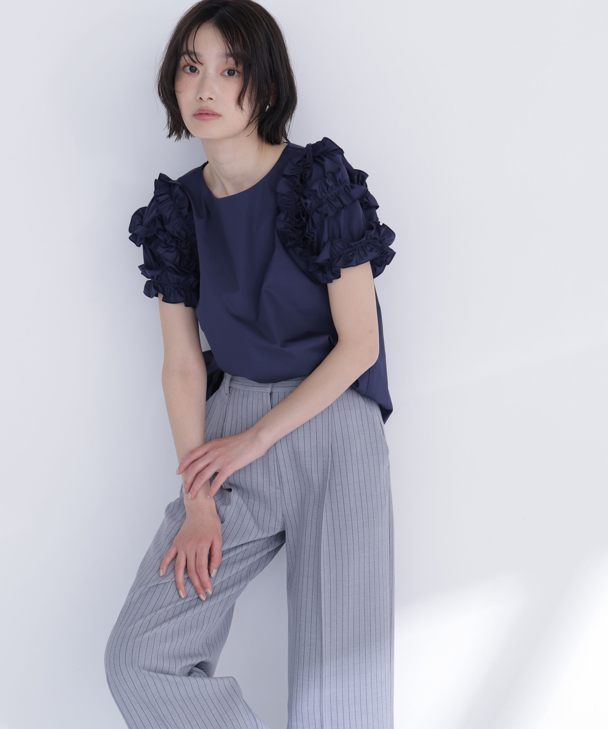 「ティアードフリルスリーブブラウス」|シャツ・ブラウス|ネイビー
