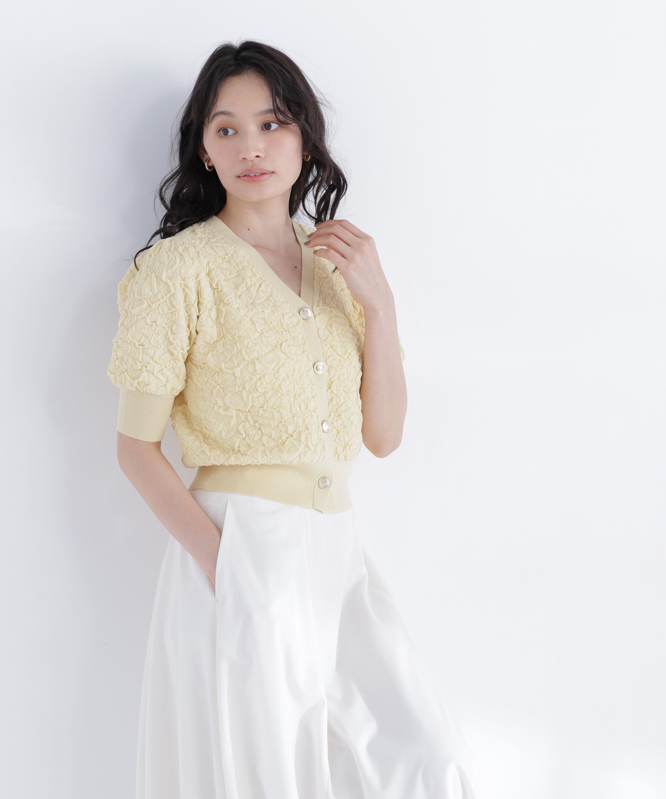  「ふくれジャガードニットカーディガン」|ニット・セーター|イエロー