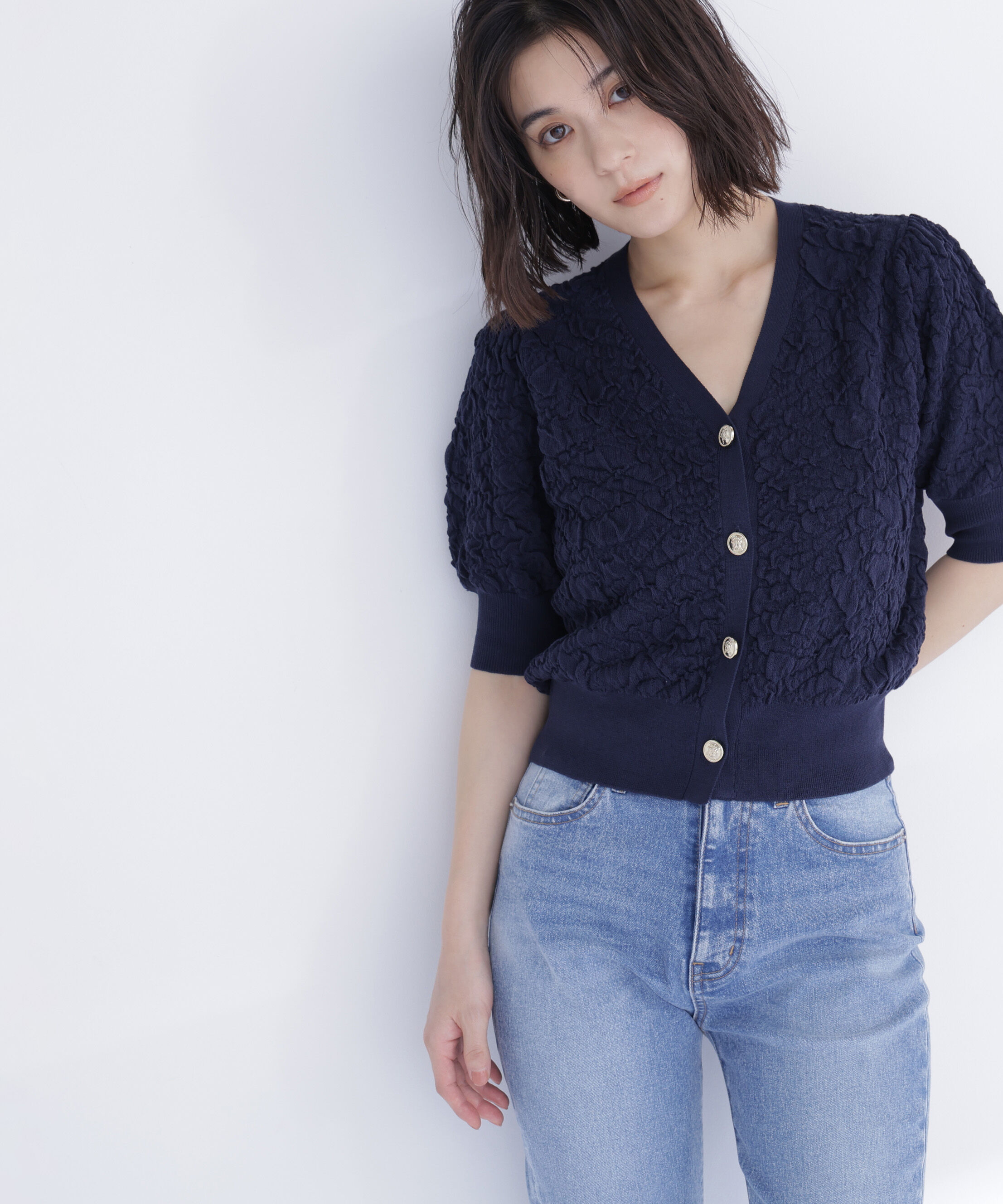 「ふくれジャガードニットカーディガン」|ニット・セーター|ネイビー