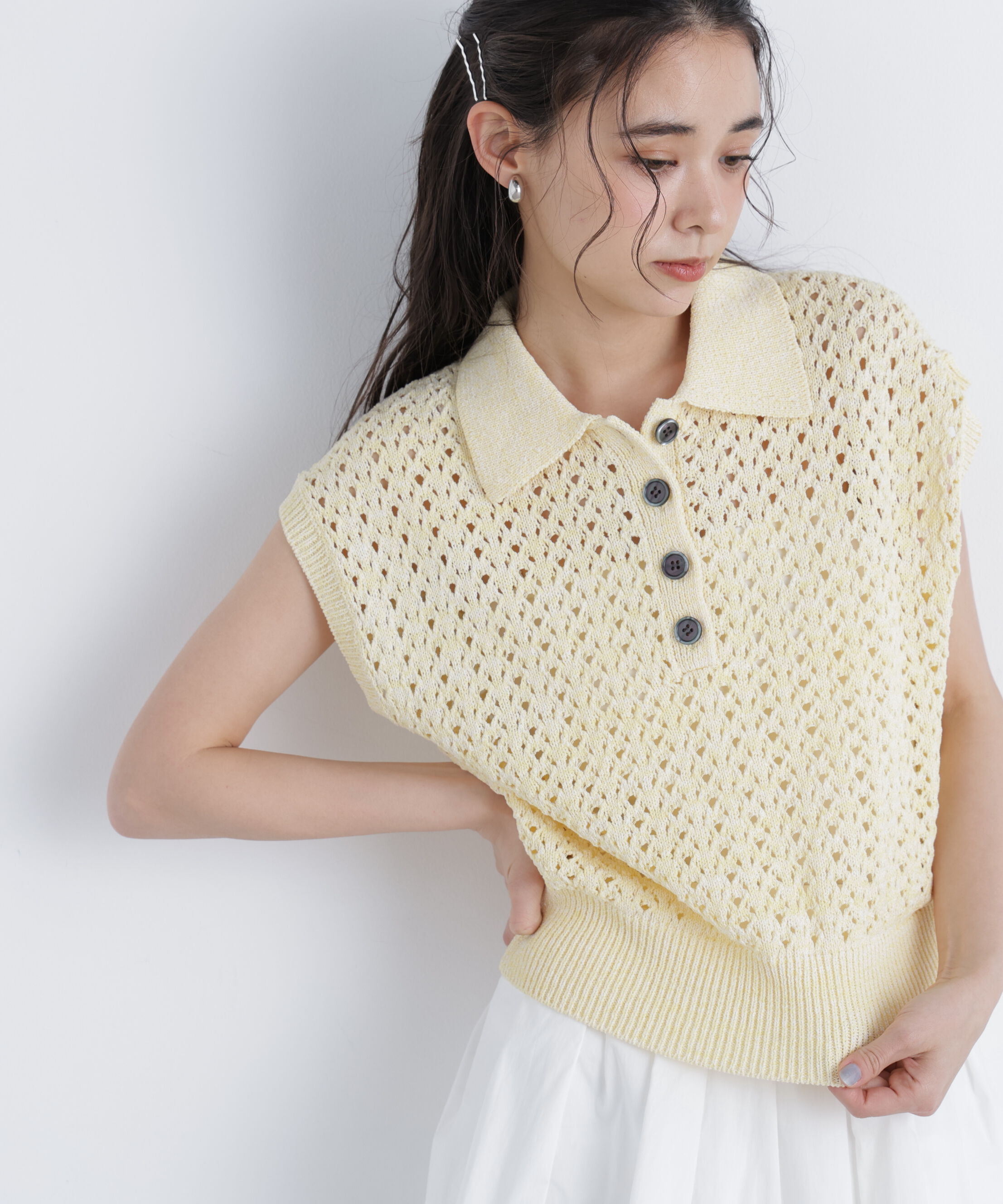  「メランジニットポロニット」|ニット・セーター|イエロー