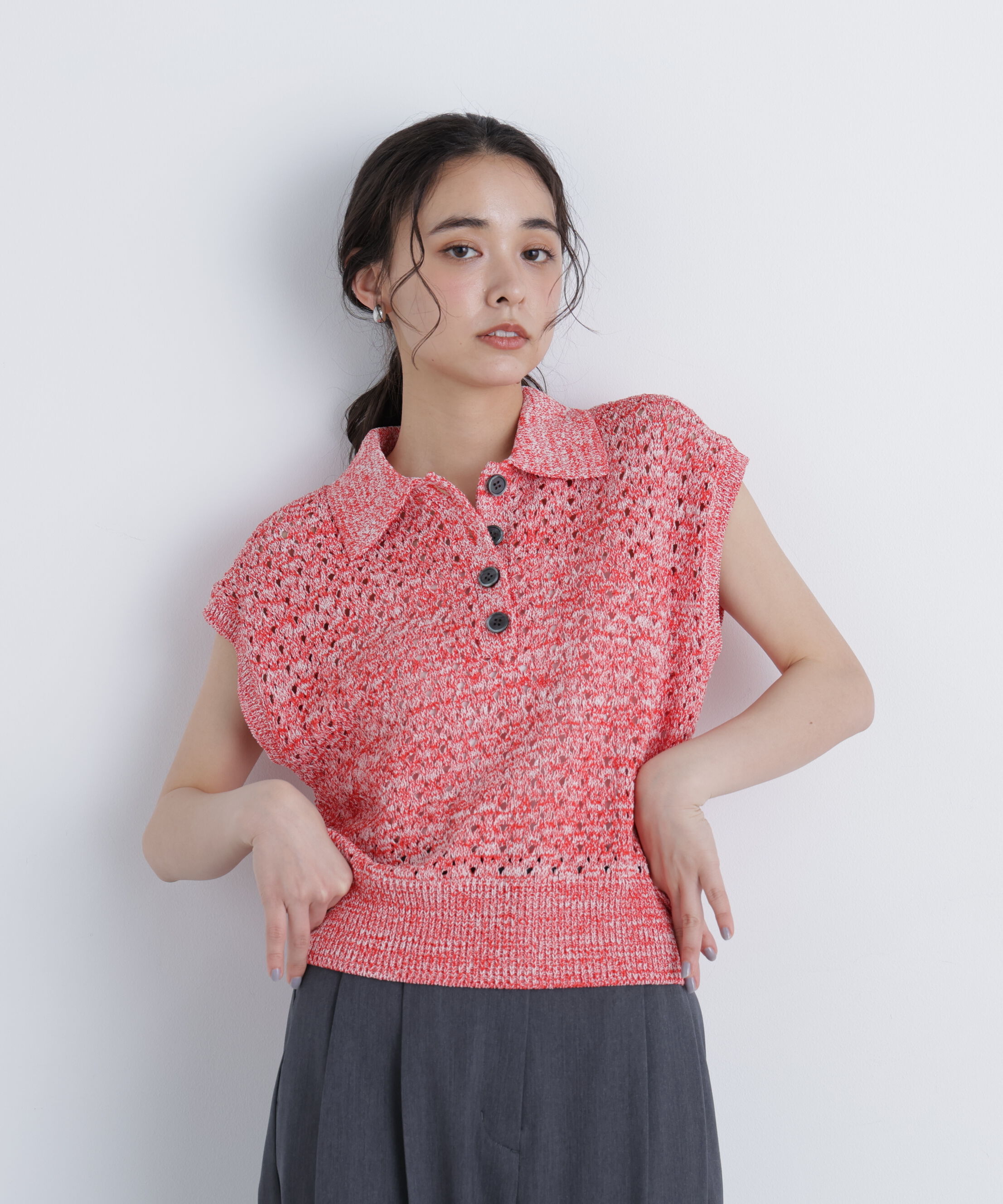  「メランジニットポロニット」|ニット・セーター|レッド