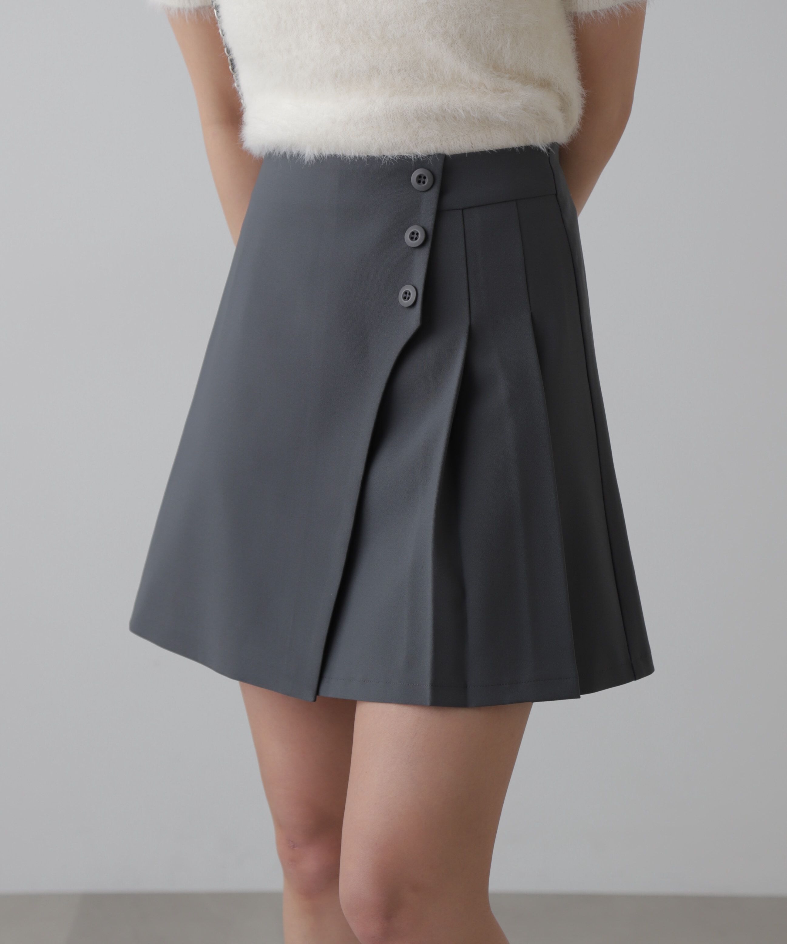  「サイドボタンラップミニプリーツスカート」|スカート|