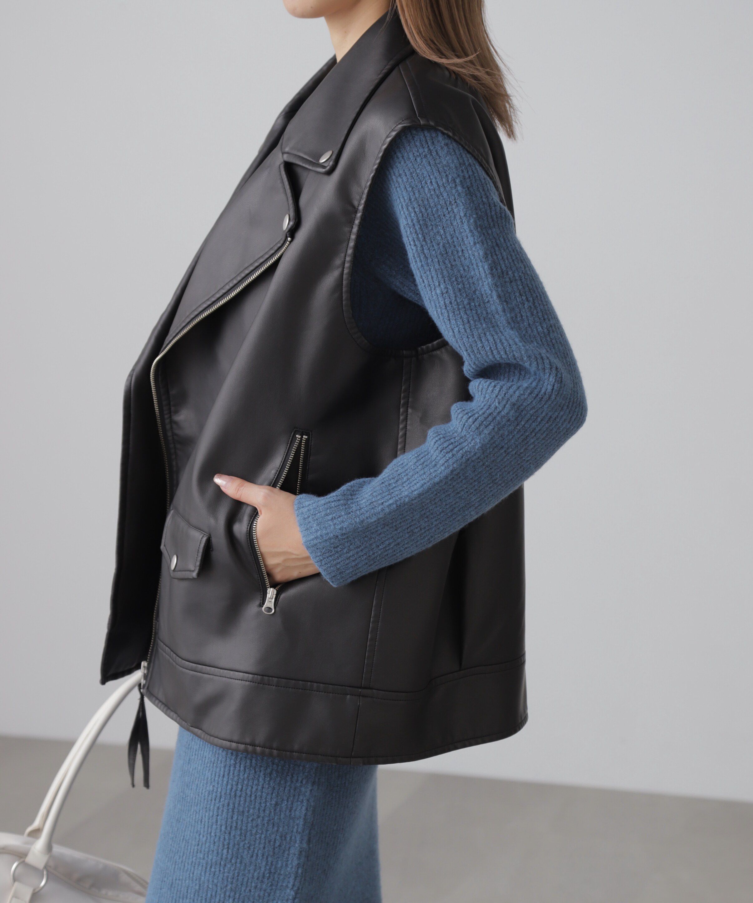  「フェイクレザーライダースジレ」|ブルゾン・スタジャン|