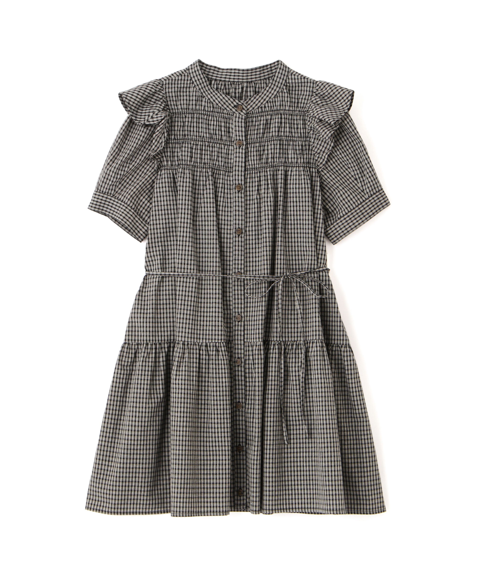  「ミニチェック肩フリルティアードミニワンピース」|ワンピース|