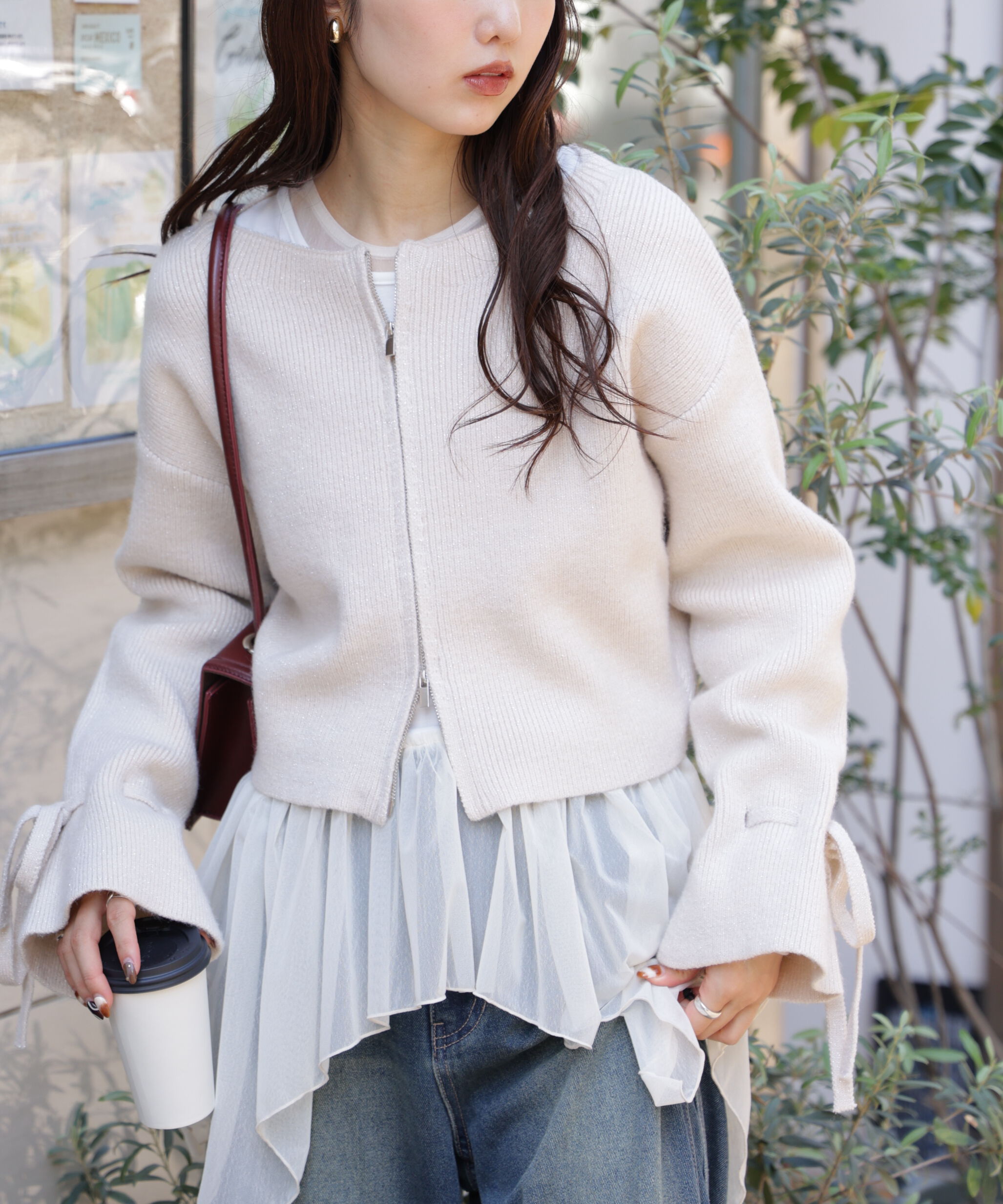  「ダブルジップキャンディスリーブカーディガン」|ニット・セーター|オフ