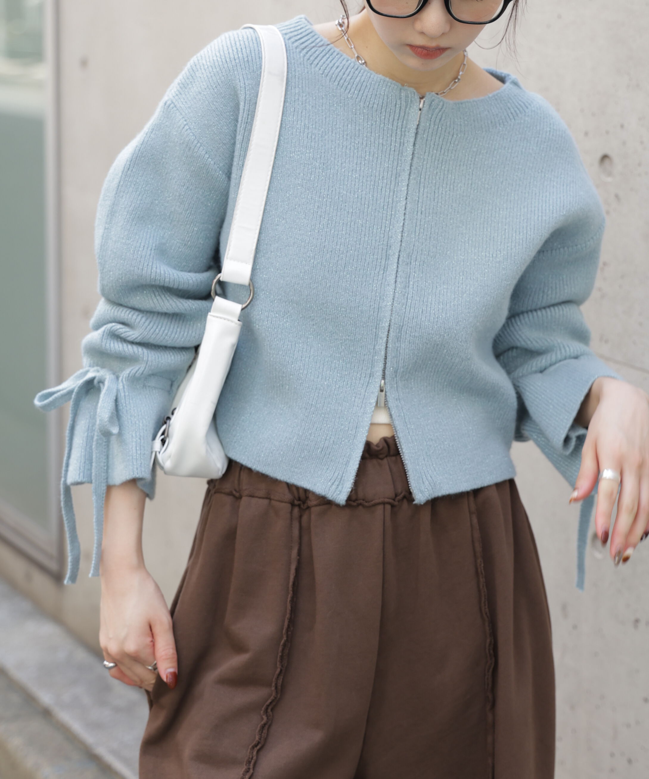  「ダブルジップキャンディスリーブカーディガン」|ニット・セーター|ライトブルー