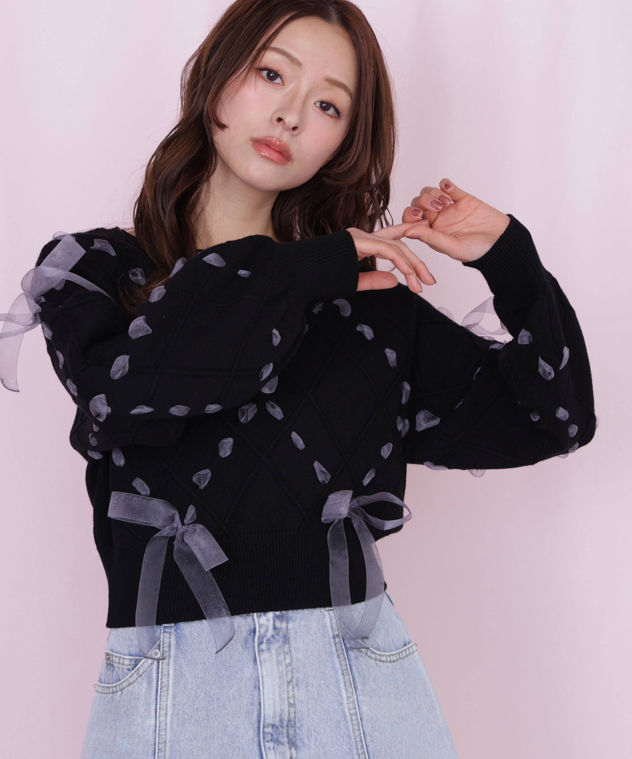  「ダイヤ柄リボンニット」|ニット・セーター|