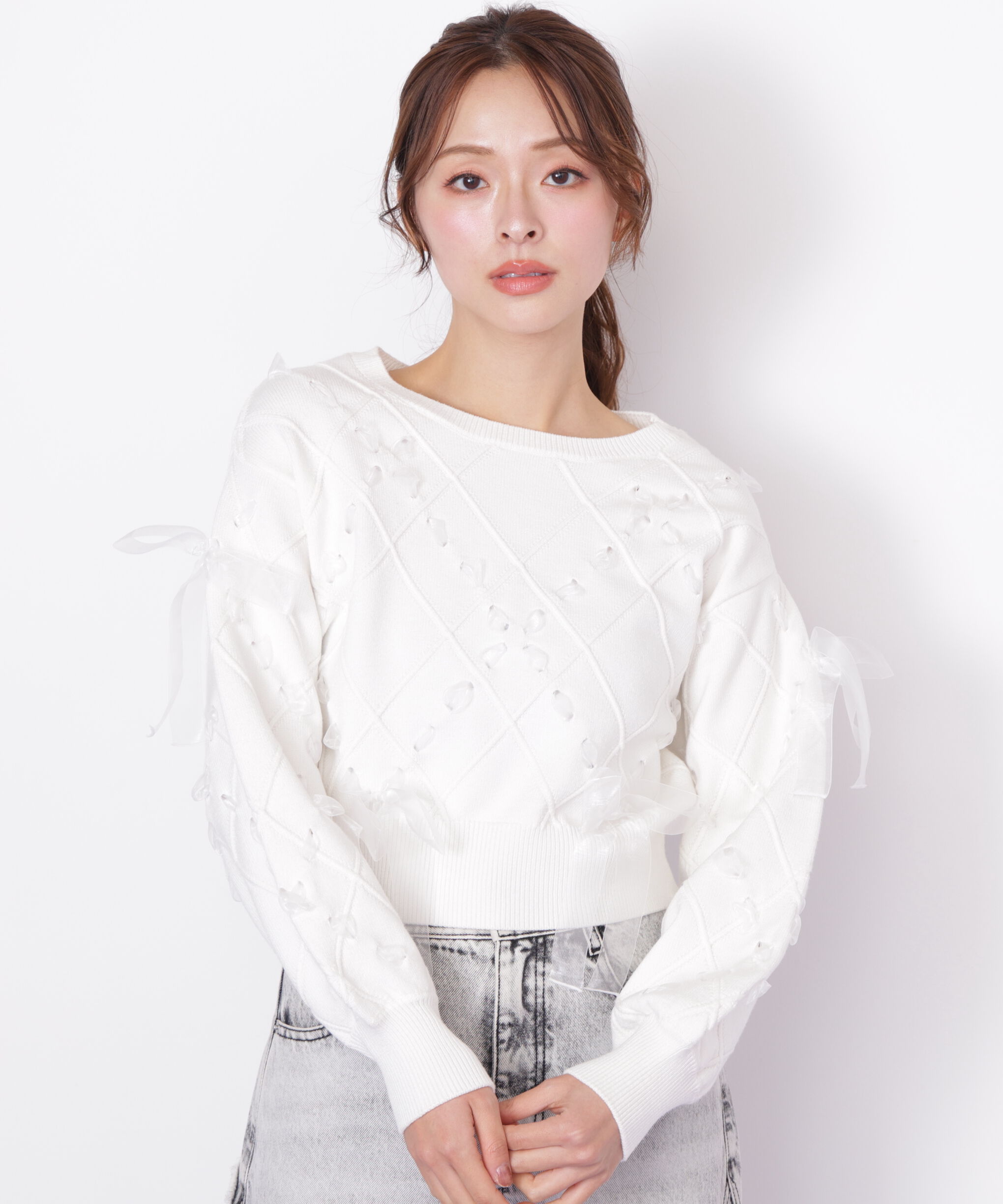  「ダイヤ柄リボンニット」|ニット・セーター|