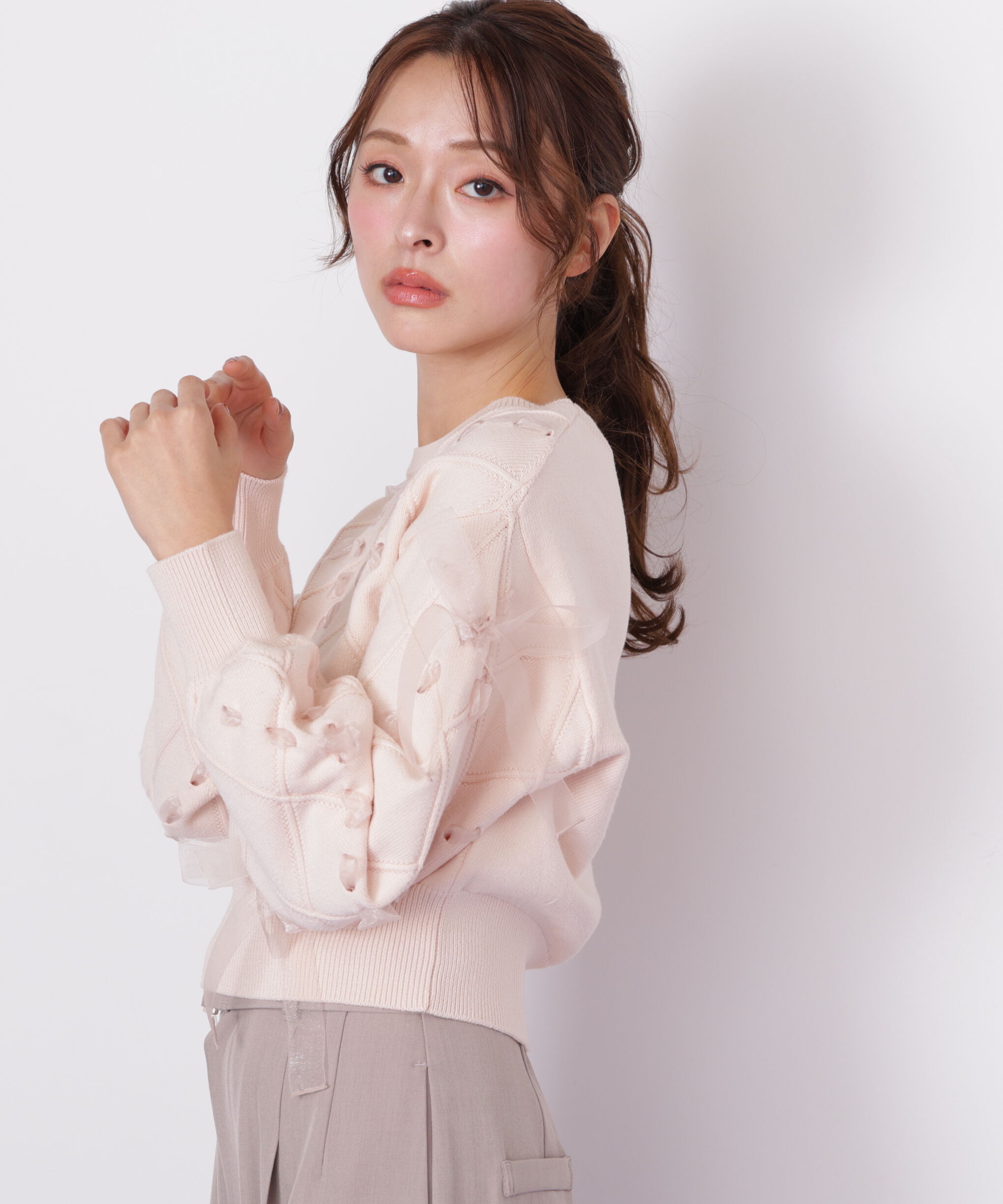  「ダイヤ柄リボンニット」|ニット・セーター|